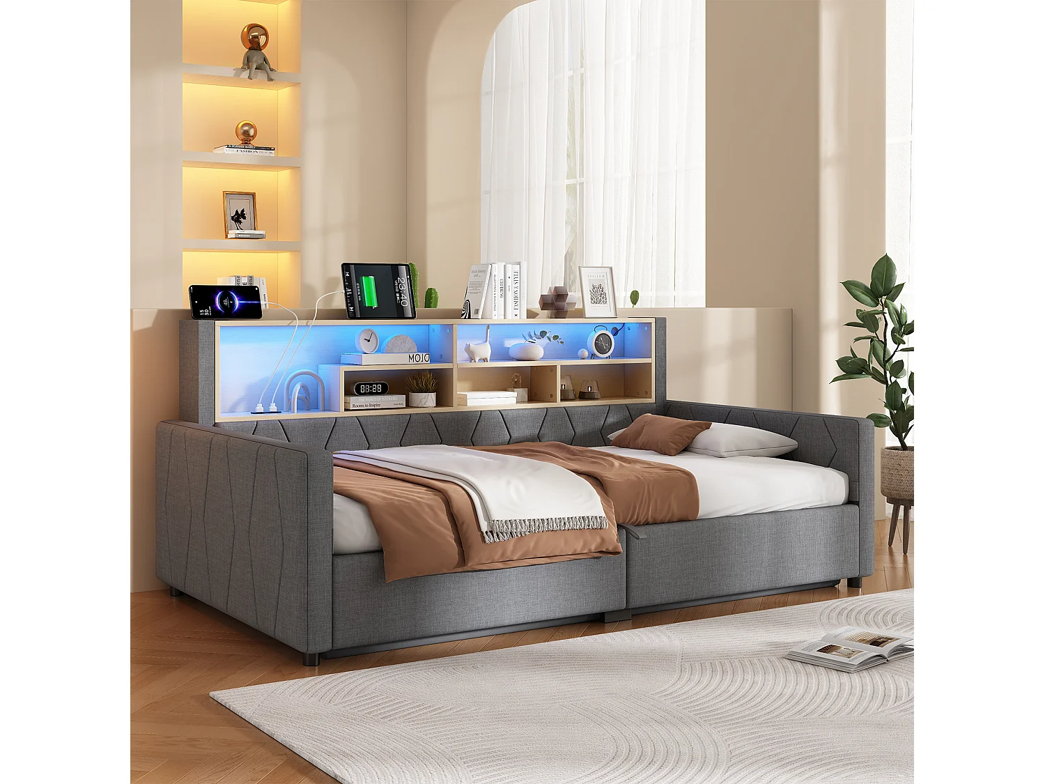 Canapé cama con arcón de 90 x 200 cm - con toma de corriente - con puerto USB - con tira de luz LED - tejido de lino - Gris (colchón no incluido)