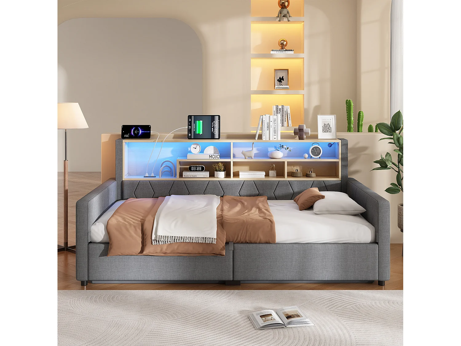 Canapé cama con arcón de 90 x 200 cm - con toma de corriente - con puerto USB - con tira de luz LED - tejido de lino - Gris (colchón no incluido)