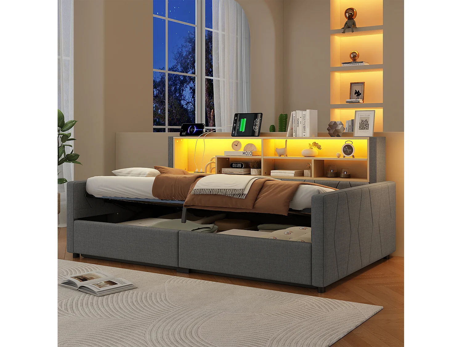 Canapé cama con arcón de 90 x 200 cm - con toma de corriente - con puerto USB - con tira de luz LED - tejido de lino - Gris (colchón no incluido)