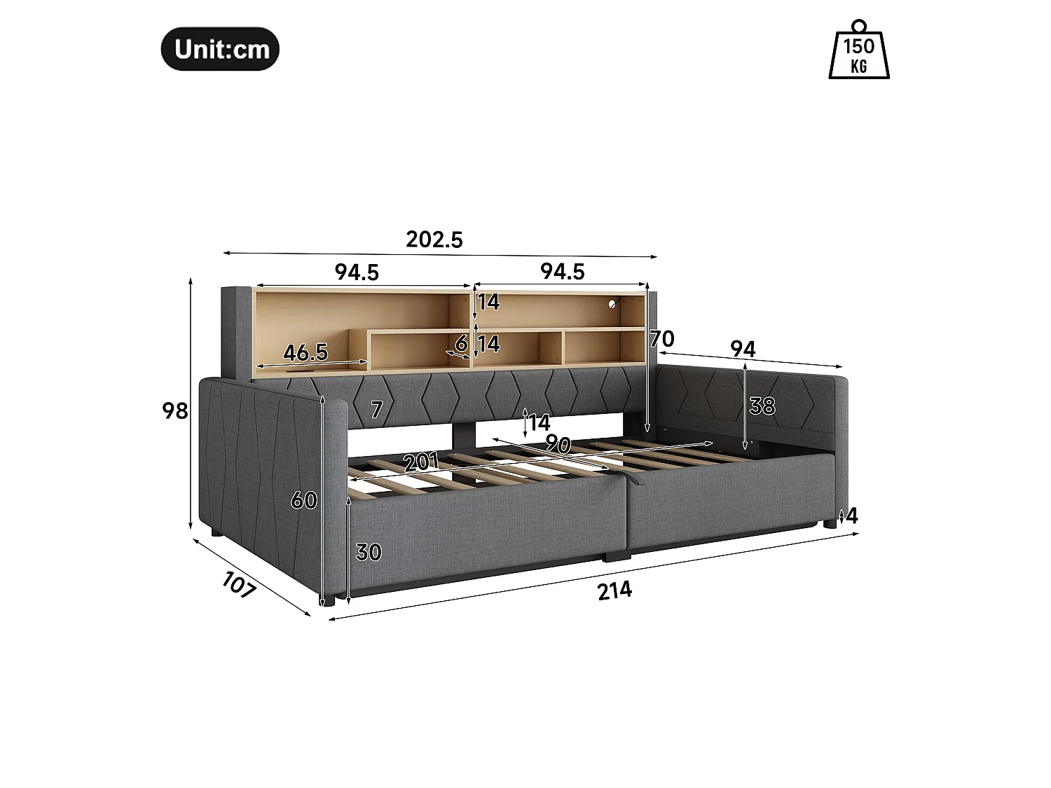 Canapé cama con arcón de 90 x 200 cm - con toma de corriente - con puerto USB - con tira de luz LED - tejido de lino - Gris (colchón no incluido)