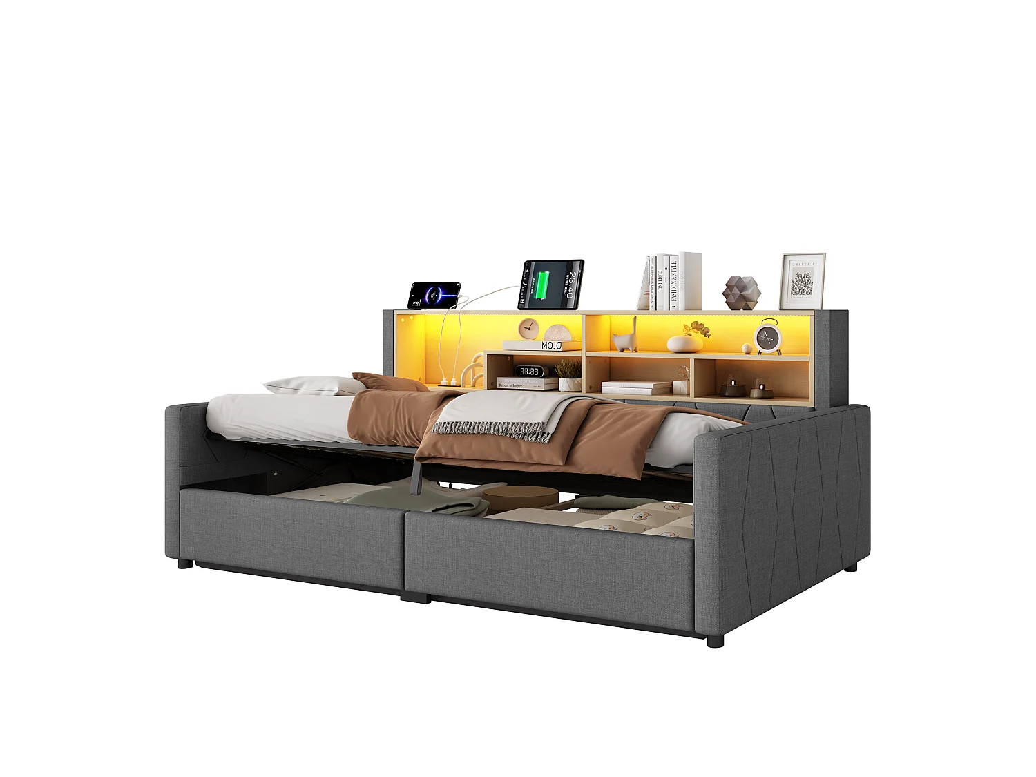 Canapé cama con arcón de 90 x 200 cm - con toma de corriente - con puerto USB - con tira de luz LED - tejido de lino - Gris (colchón no incluido)