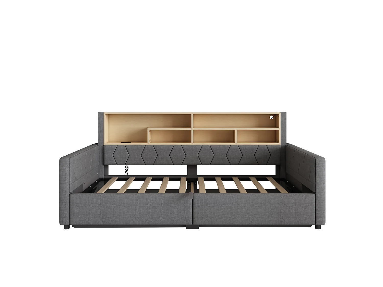 Canapé cama con arcón de 90 x 200 cm - con toma de corriente - con puerto USB - con tira de luz LED - tejido de lino - Gris (colchón no incluido)