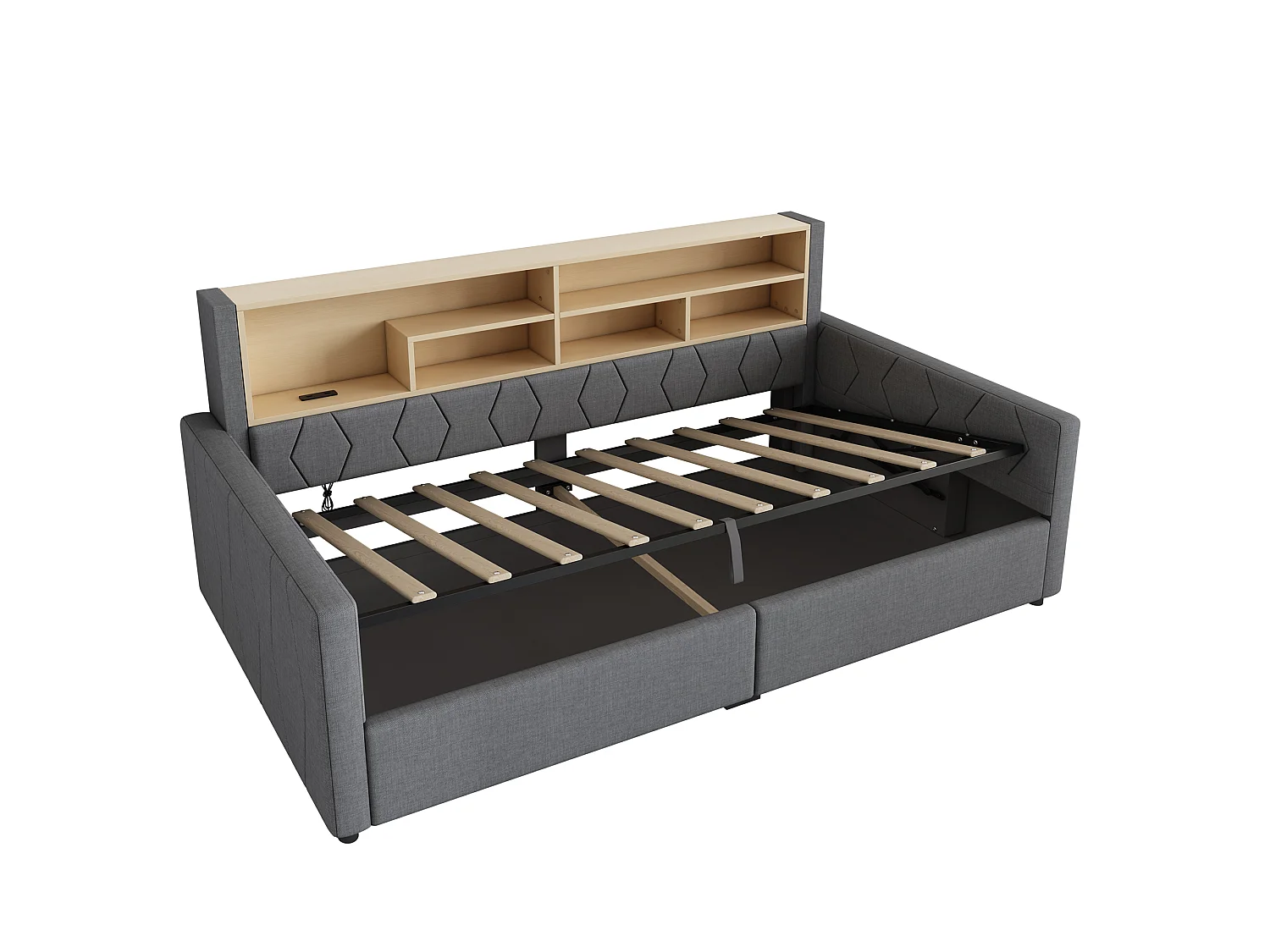 Canapé cama con arcón de 90 x 200 cm - con toma de corriente - con puerto USB - con tira de luz LED - tejido de lino - Gris (colchón no incluido)