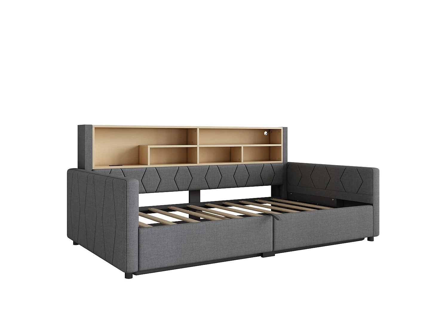 Canapé cama con arcón de 90 x 200 cm - con toma de corriente - con puerto USB - con tira de luz LED - tejido de lino - Gris (colchón no incluido)