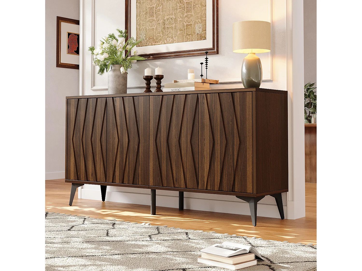 Buffet 140x35x70 cm - 4 døre og justerbare hylder - Landstil - Justerbare fødder - MDF - Brun