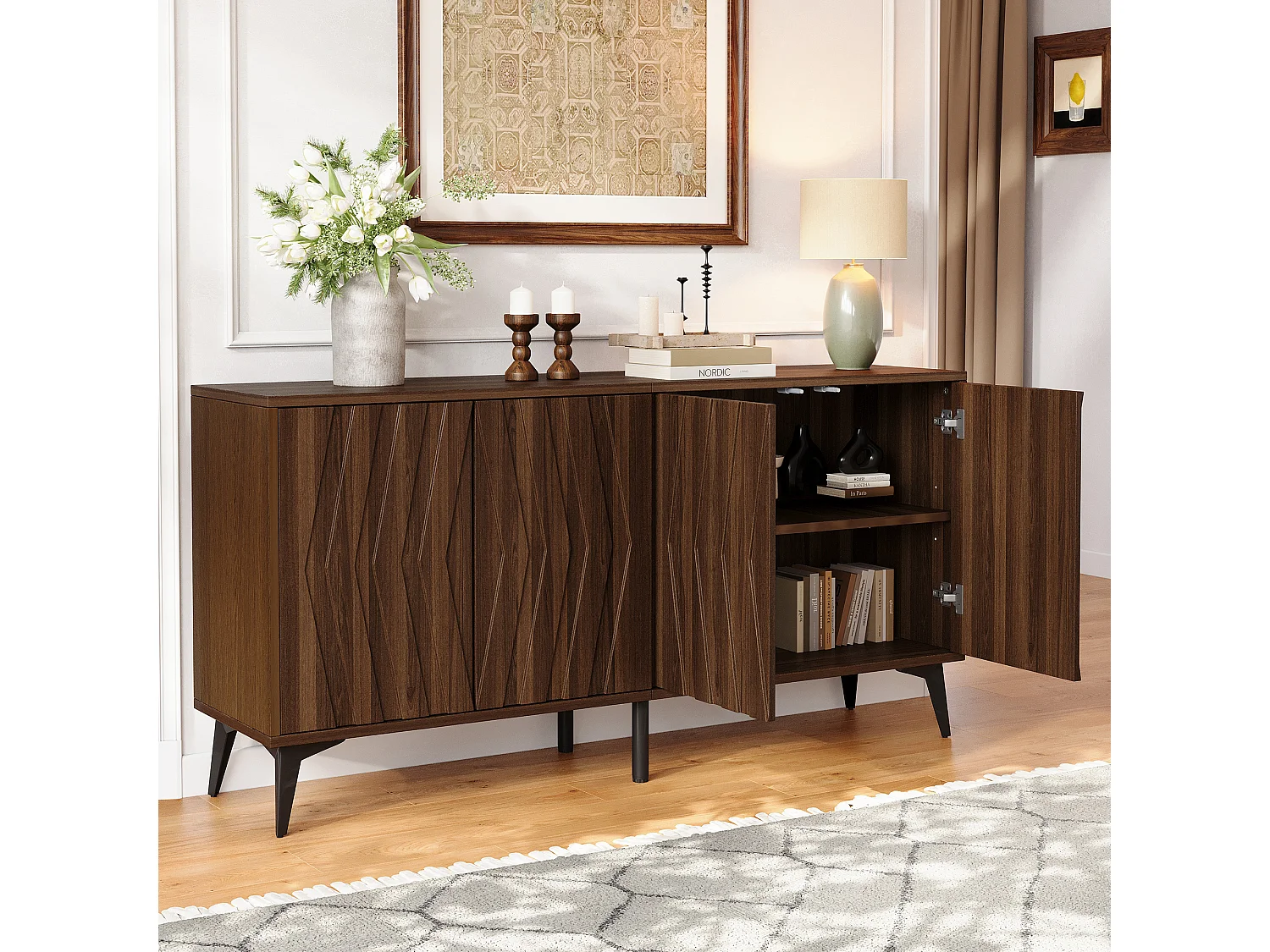 Buffet 140x35x70 cm - 4 døre og justerbare hylder - Landstil - Justerbare fødder - MDF - Brun