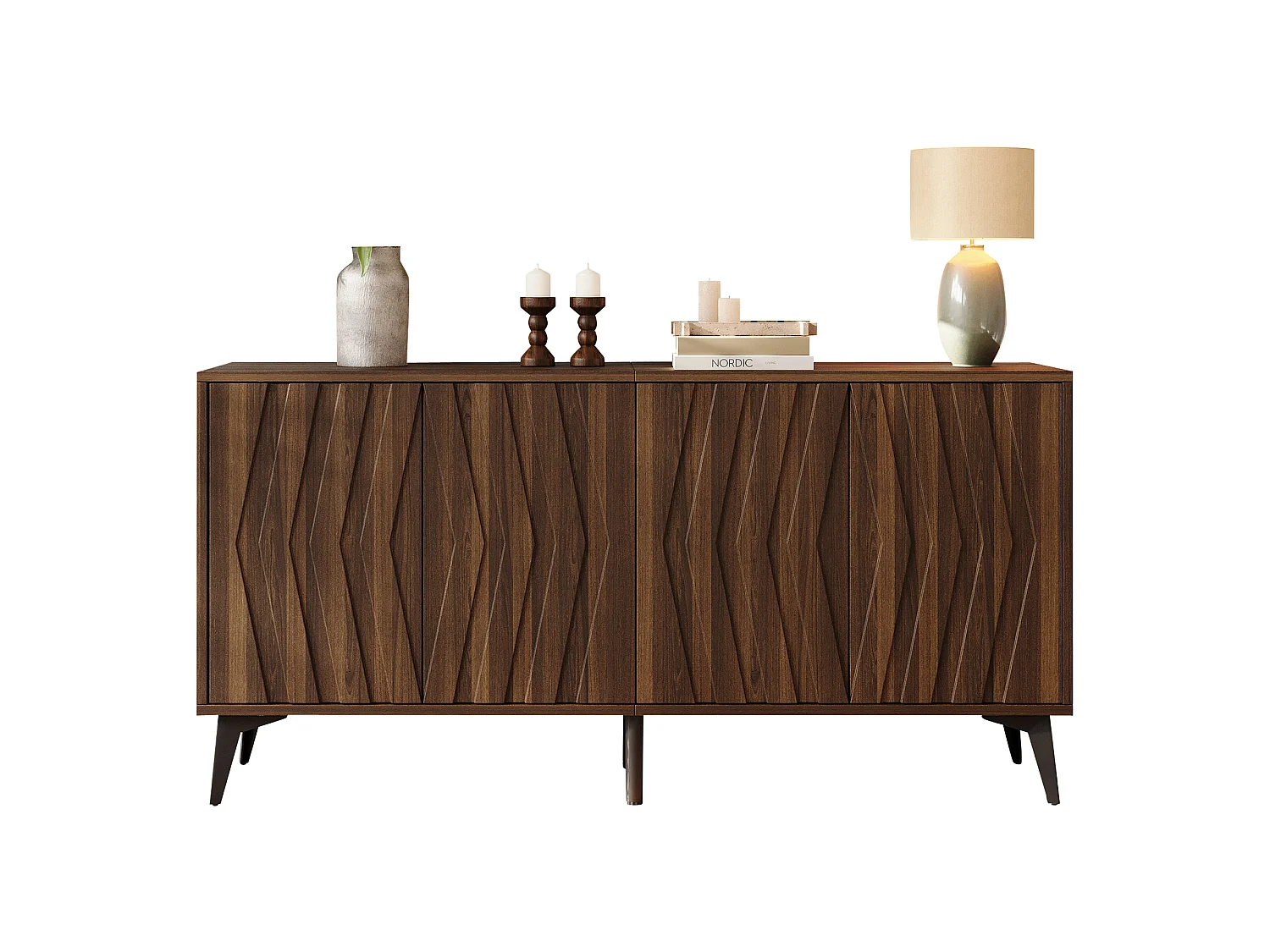 Buffet 140x35x70 cm - 4 døre og justerbare hylder - Landstil - Justerbare fødder - MDF - Brun