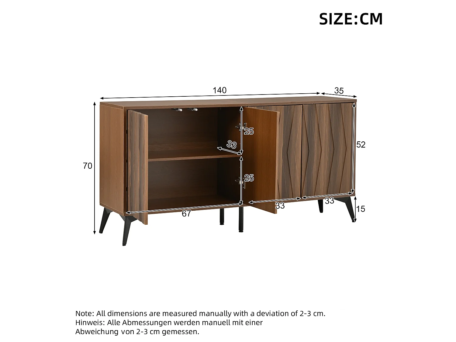 Buffet 140x35x70 cm - 4 døre og justerbare hylder - Landstil - Justerbare fødder - MDF - Brun