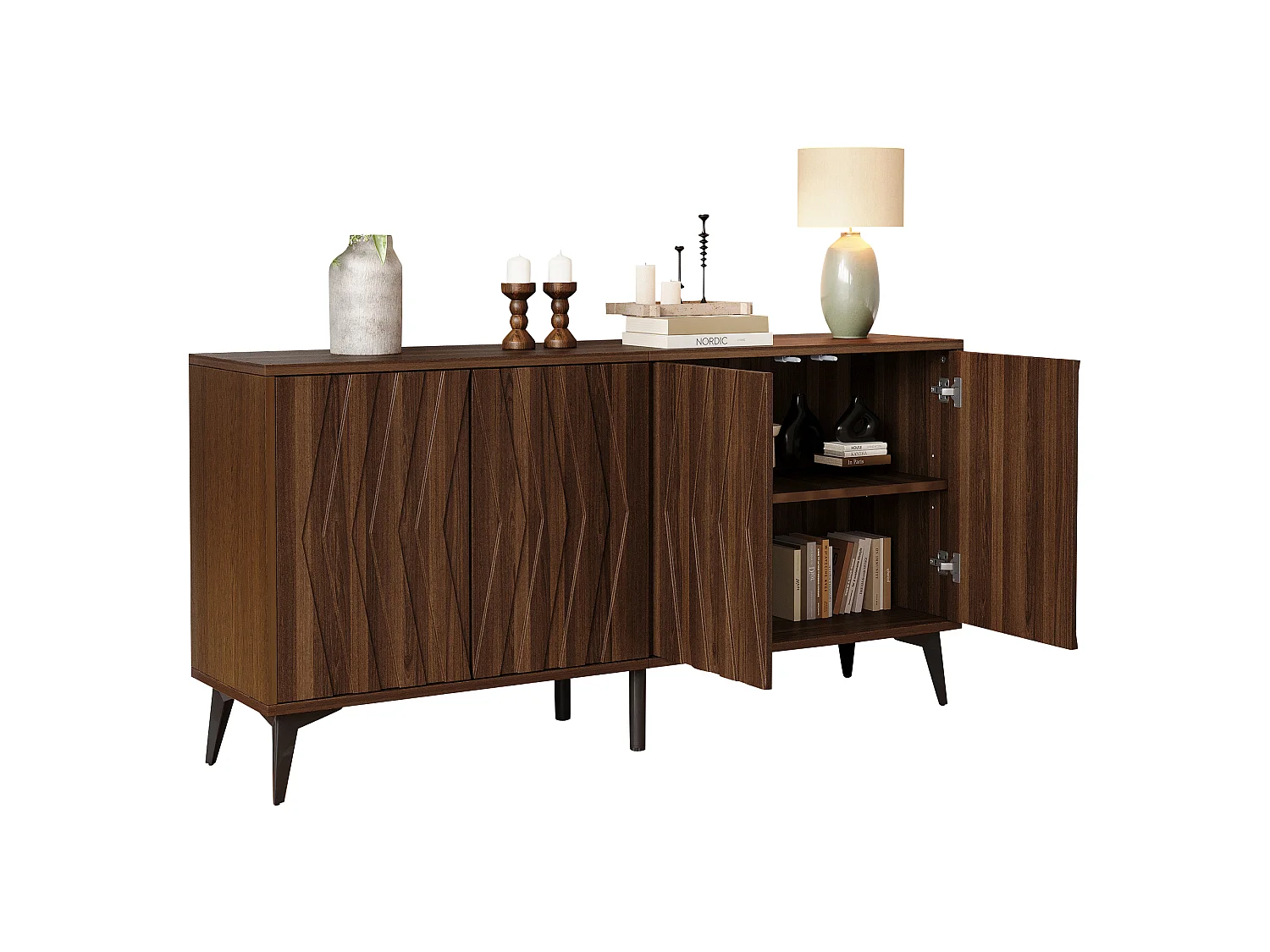 Buffet 140x35x70 cm - 4 døre og justerbare hylder - Landstil - Justerbare fødder - MDF - Brun