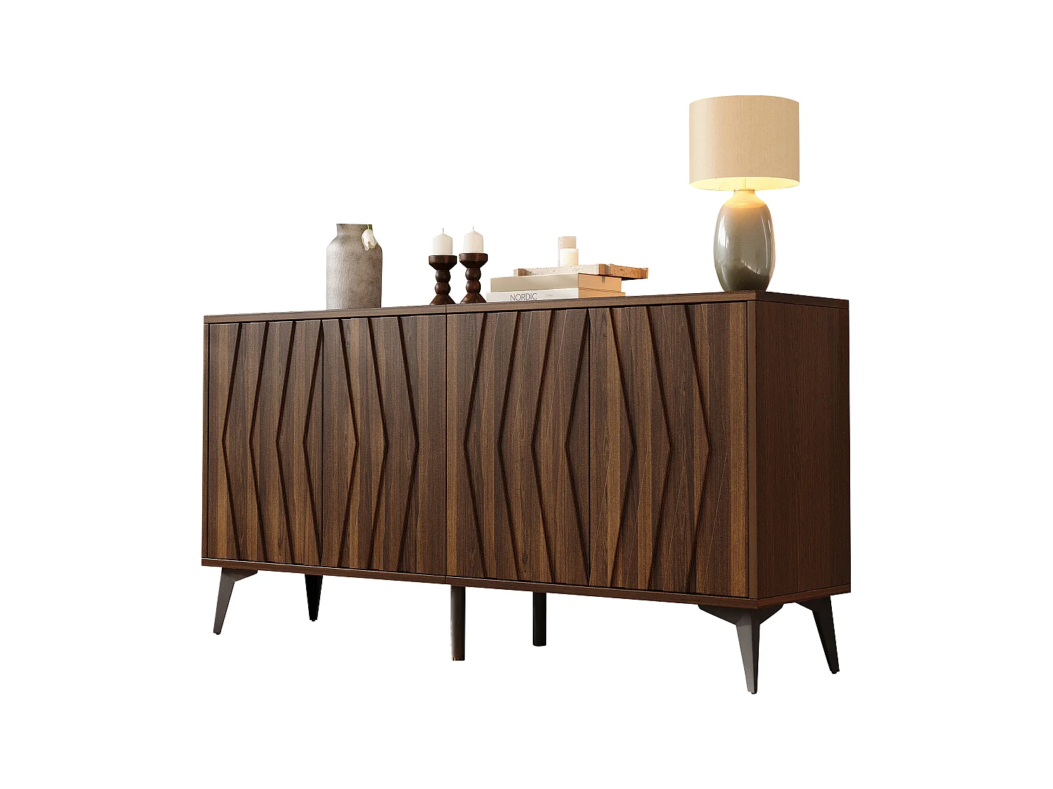 Buffet 140x35x70 cm - 4 døre og justerbare hylder - Landstil - Justerbare fødder - MDF - Brun