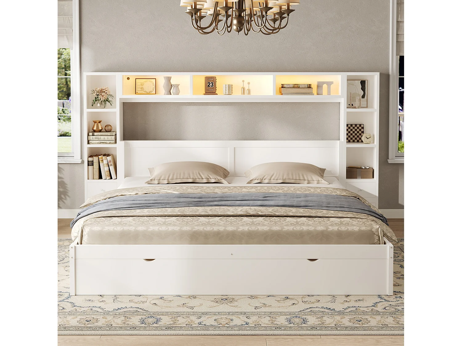 Lit double 180 x 200 cm - avec tête et pied de lit - Avec 7 tiroirs, rangements et éclairage LED - MDF - Blanc (sans matelas)