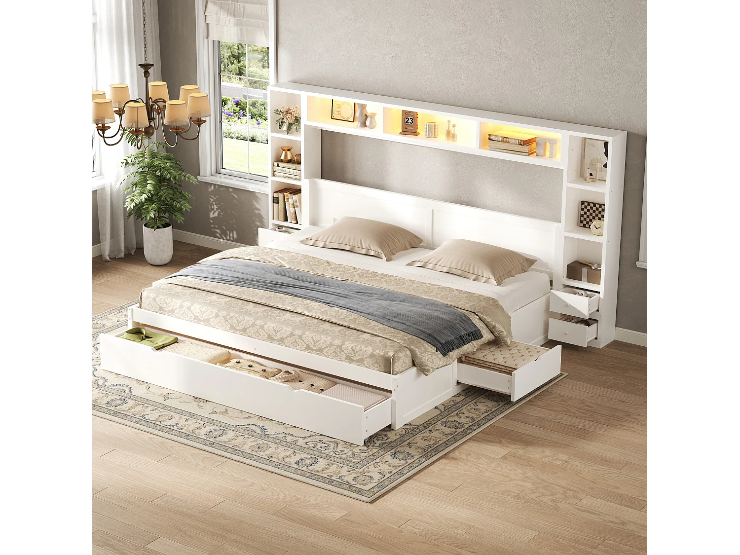 Lit double 180 x 200 cm - avec tête et pied de lit - Avec 7 tiroirs, rangements et éclairage LED - MDF - Blanc (sans matelas)