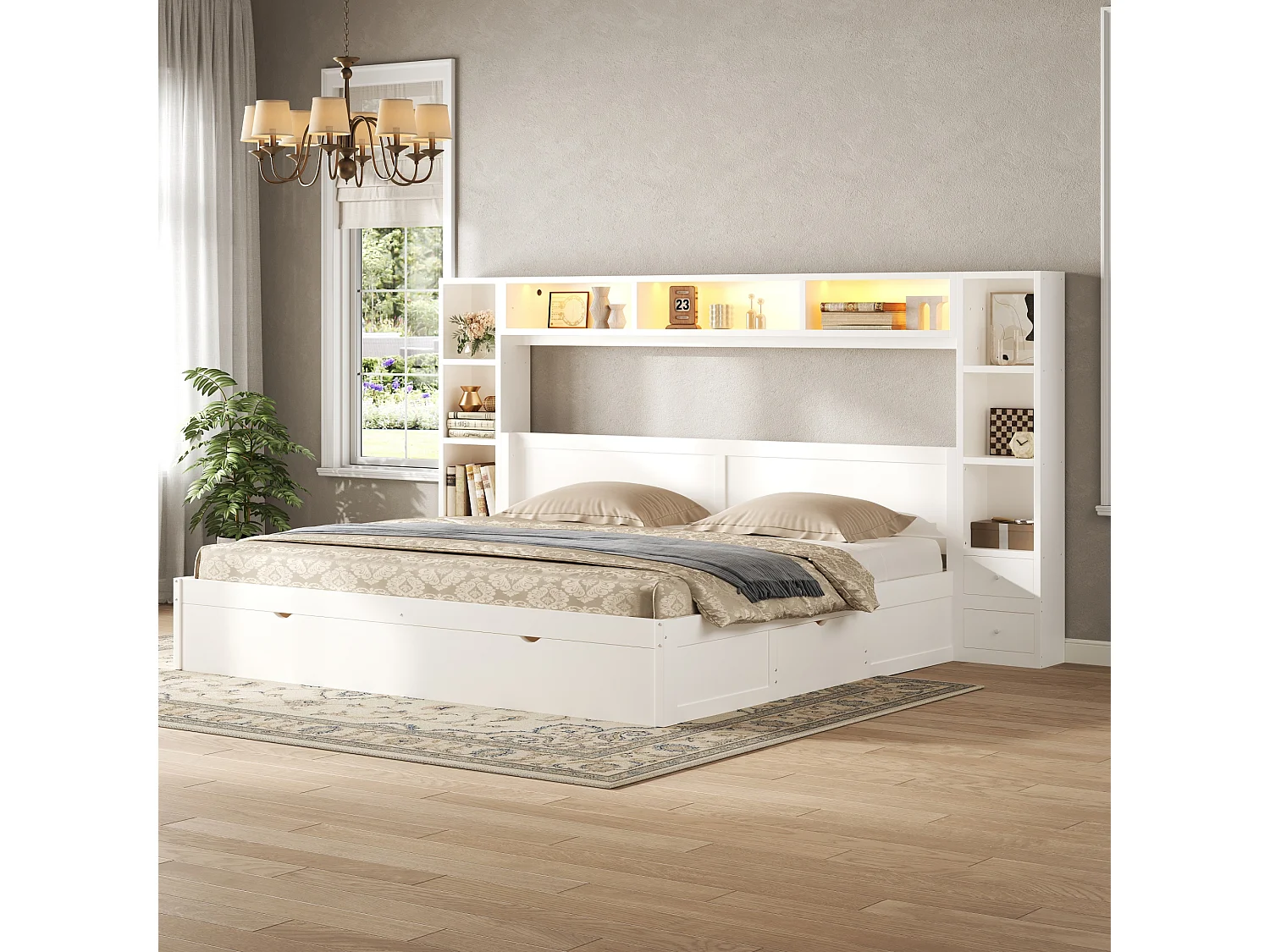 Lit double 180 x 200 cm - avec tête et pied de lit - Avec 7 tiroirs, rangements et éclairage LED - MDF - Blanc (sans matelas)
