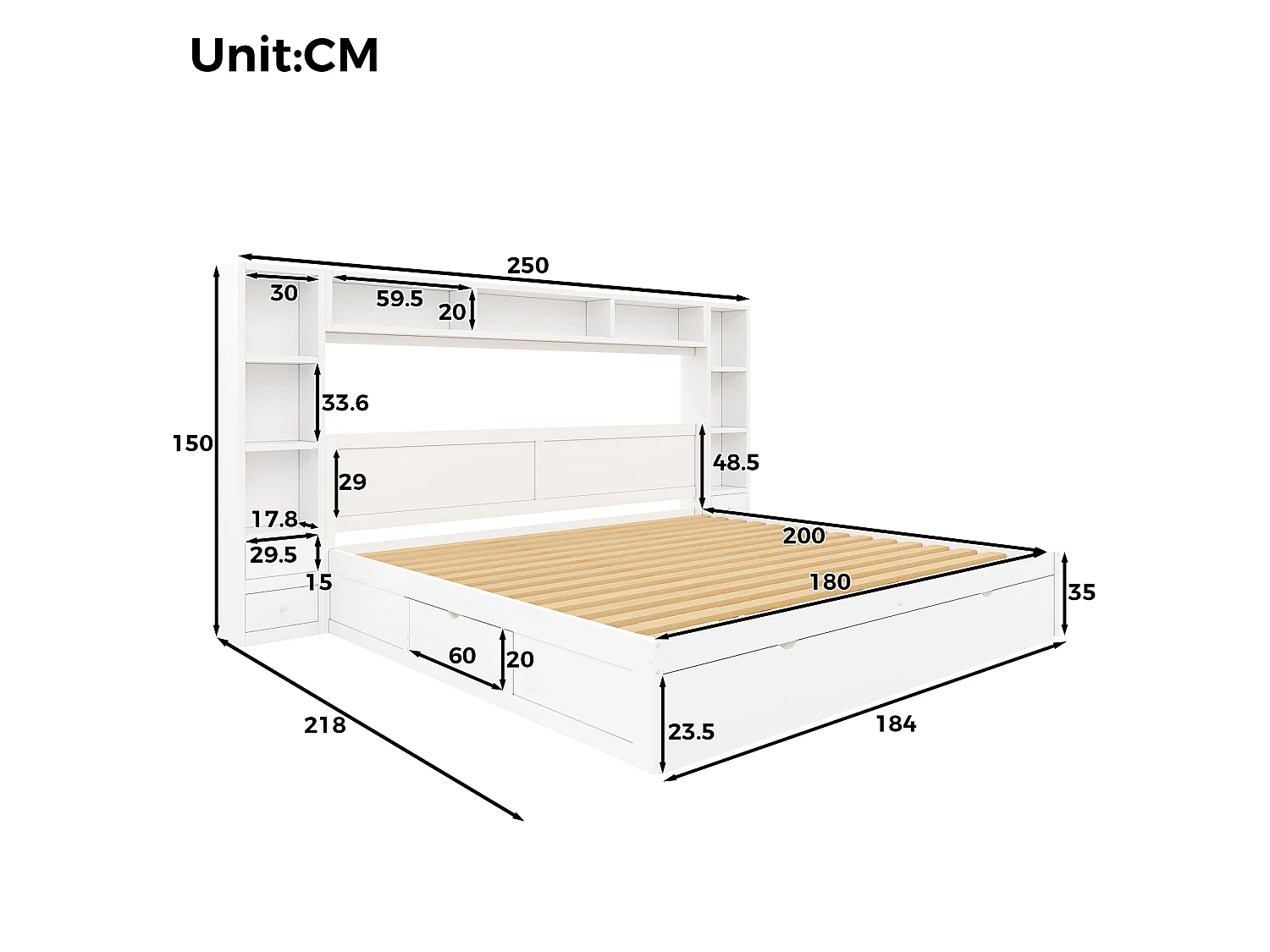 Lit double 180 x 200 cm - avec tête et pied de lit - Avec 7 tiroirs, rangements et éclairage LED - MDF - Blanc (sans matelas)