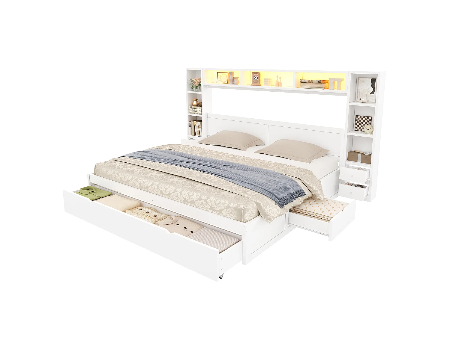 Lit double 180 x 200 cm - avec tête et pied de lit - Avec 7 tiroirs, rangements et éclairage LED - MDF - Blanc (sans matelas)