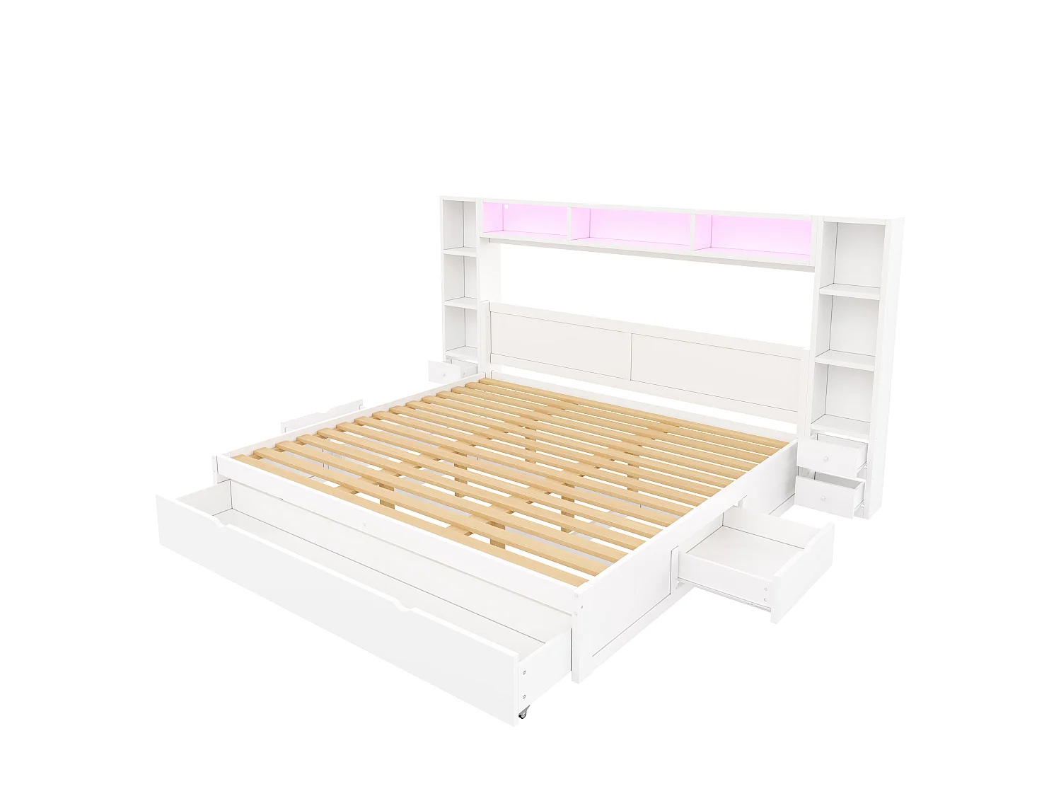 Lit double 180 x 200 cm - avec tête et pied de lit - Avec 7 tiroirs, rangements et éclairage LED - MDF - Blanc (sans matelas)