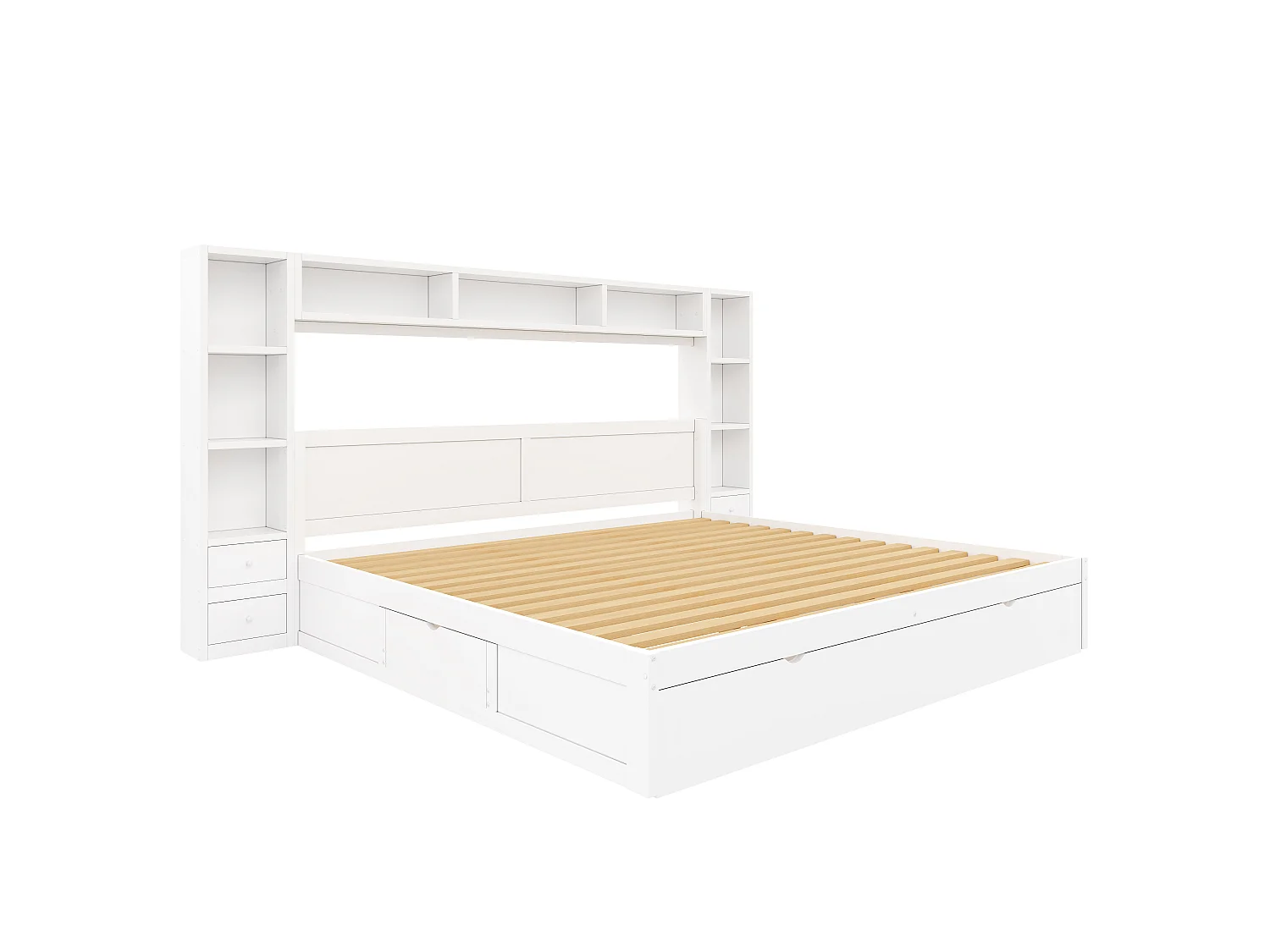 Lit double 180 x 200 cm - avec tête et pied de lit - Avec 7 tiroirs, rangements et éclairage LED - MDF - Blanc (sans matelas)