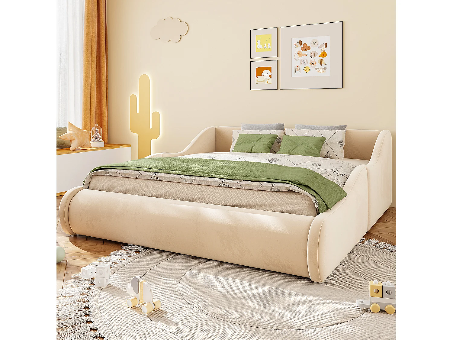 Lit enfant capitonné 140x200cm - tissu velours - avec barrières latérales - beige (matelas non inclus)
