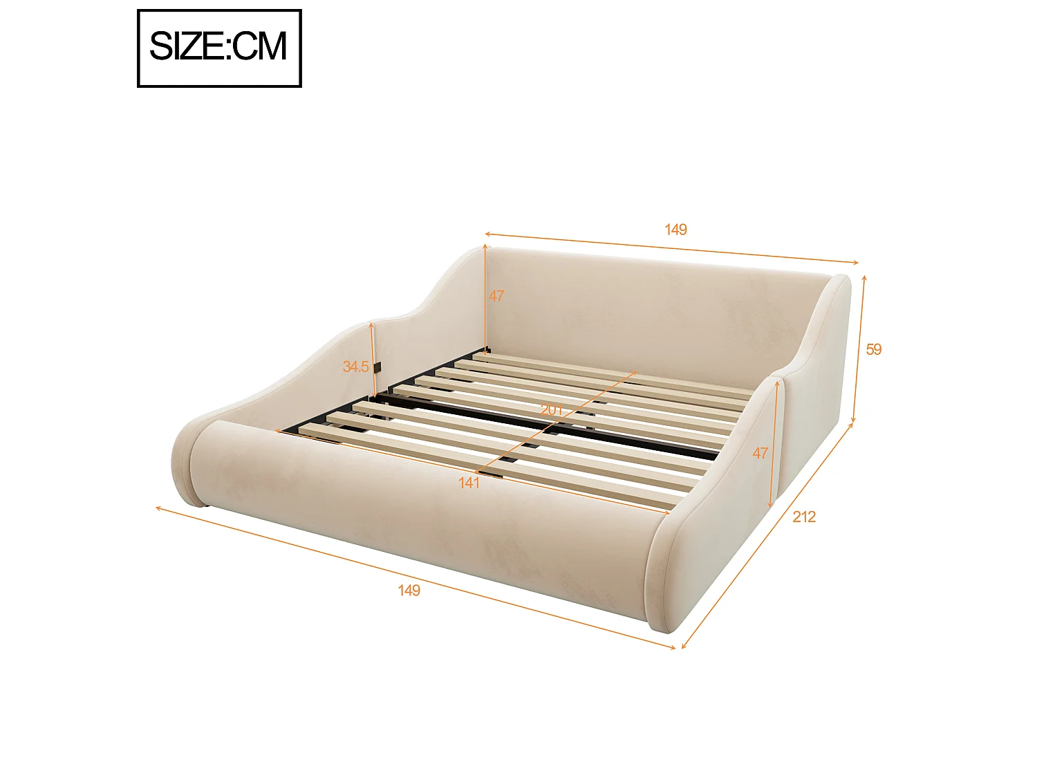 Lit enfant capitonné 140x200cm - tissu velours - avec barrières latérales - beige (matelas non inclus)