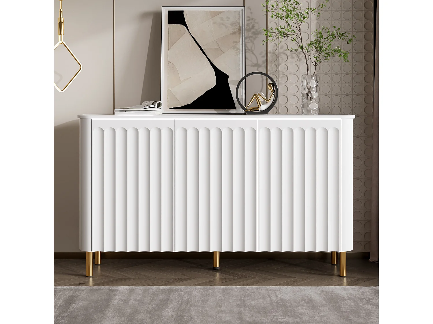 Buffet moderne 135 x 36 x 78 cm - 3 portes et pieds en métal - Relief colonnaire - Angles arrondis - Sans poignées - MDF - Blanc