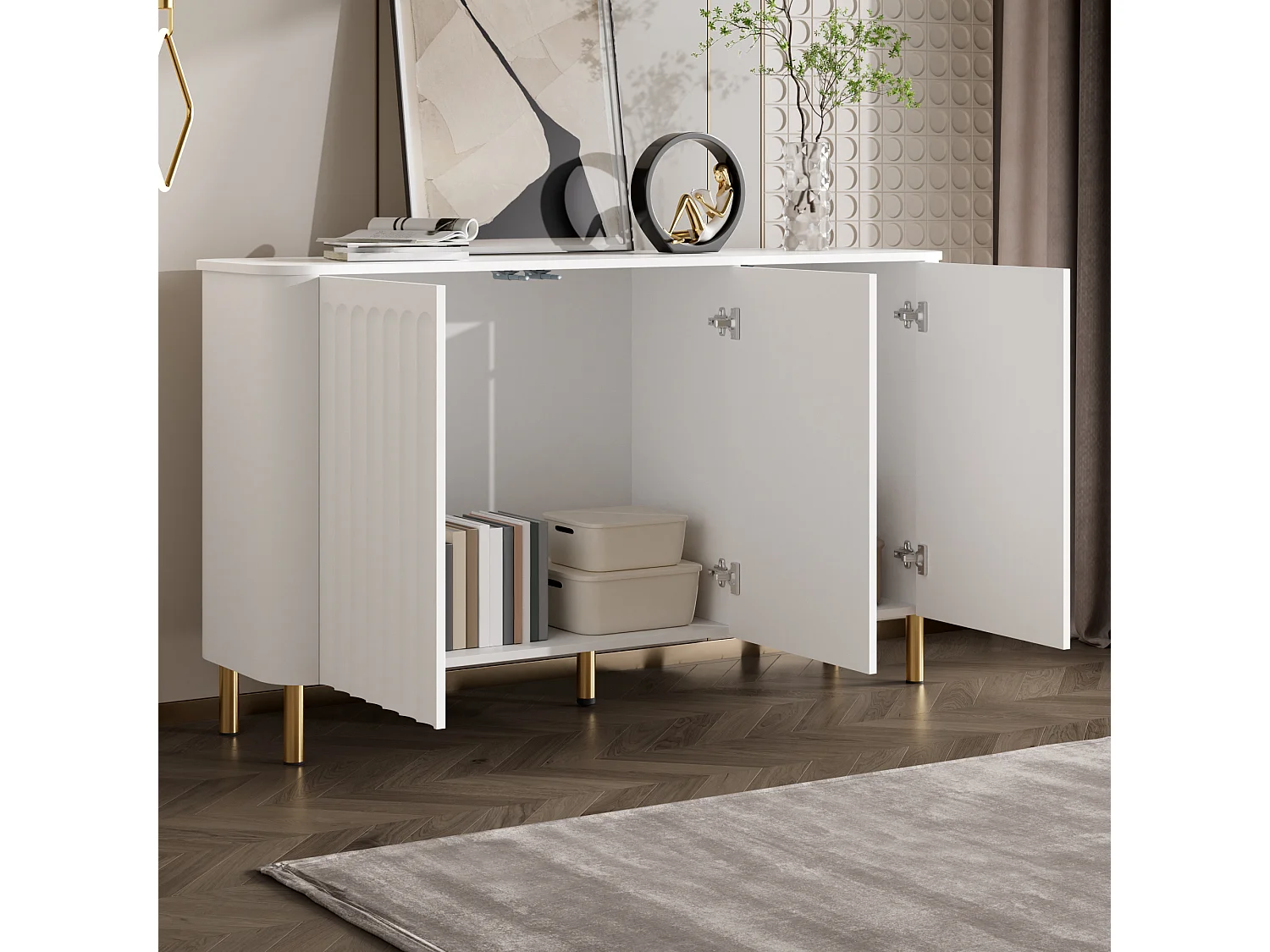 Buffet moderne 135 x 36 x 78 cm - 3 portes et pieds en métal - Relief colonnaire - Angles arrondis - Sans poignées - MDF - Blanc