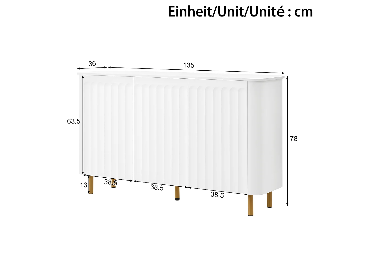 Buffet moderne 135 x 36 x 78 cm - 3 portes et pieds en métal - Relief colonnaire - Angles arrondis - Sans poignées - MDF - Blanc
