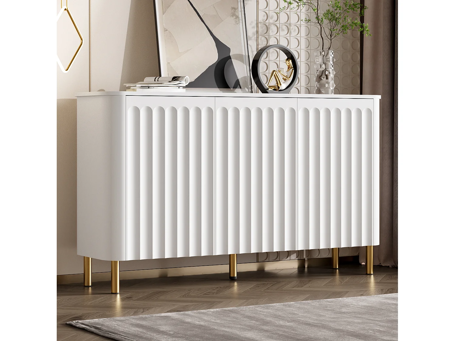 Buffet moderne 135 x 36 x 78 cm - 3 portes et pieds en métal - Relief colonnaire - Angles arrondis - Sans poignées - MDF - Blanc