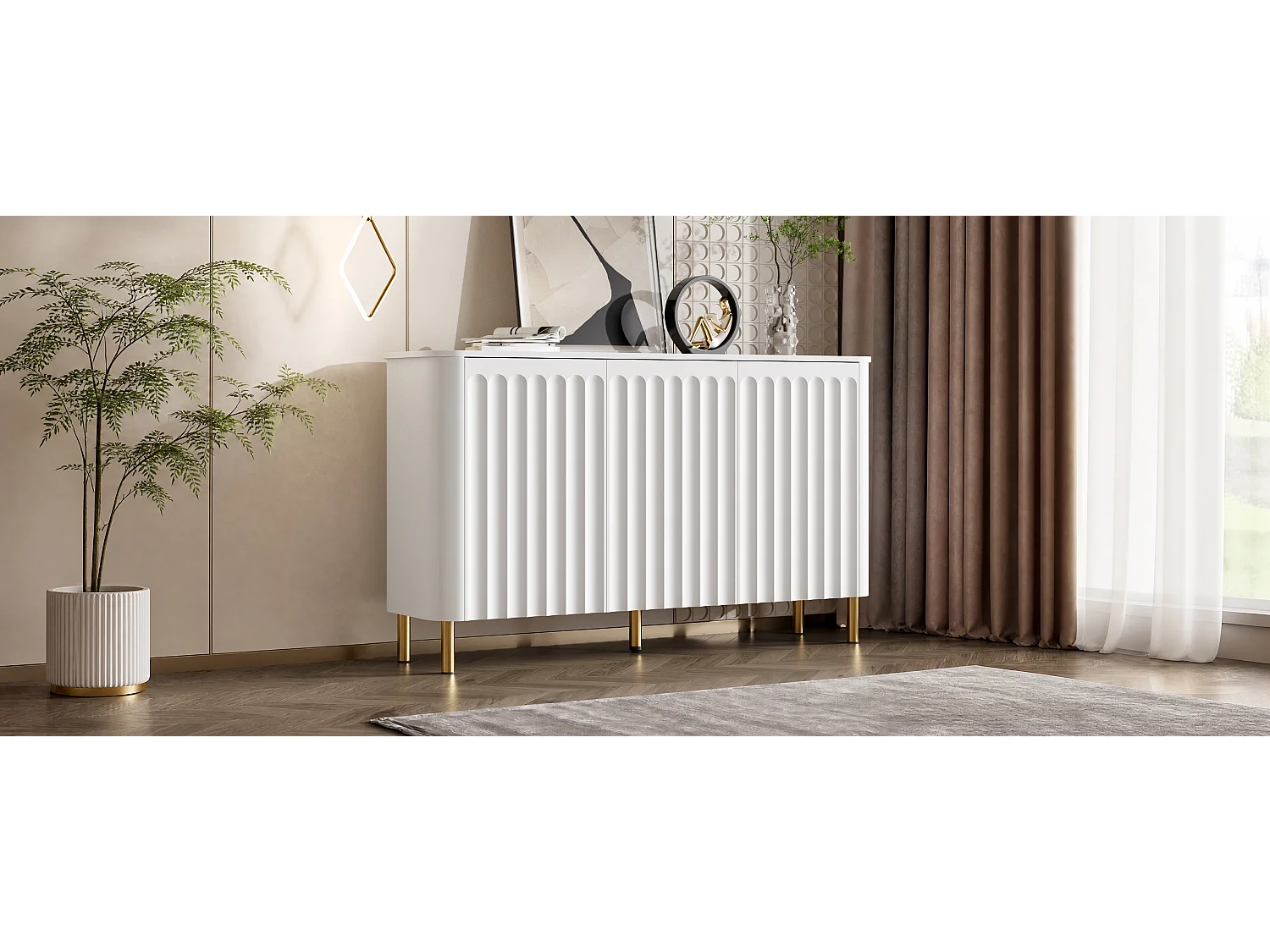 Buffet moderne 135 x 36 x 78 cm - 3 portes et pieds en métal - Relief colonnaire - Angles arrondis - Sans poignées - MDF - Blanc