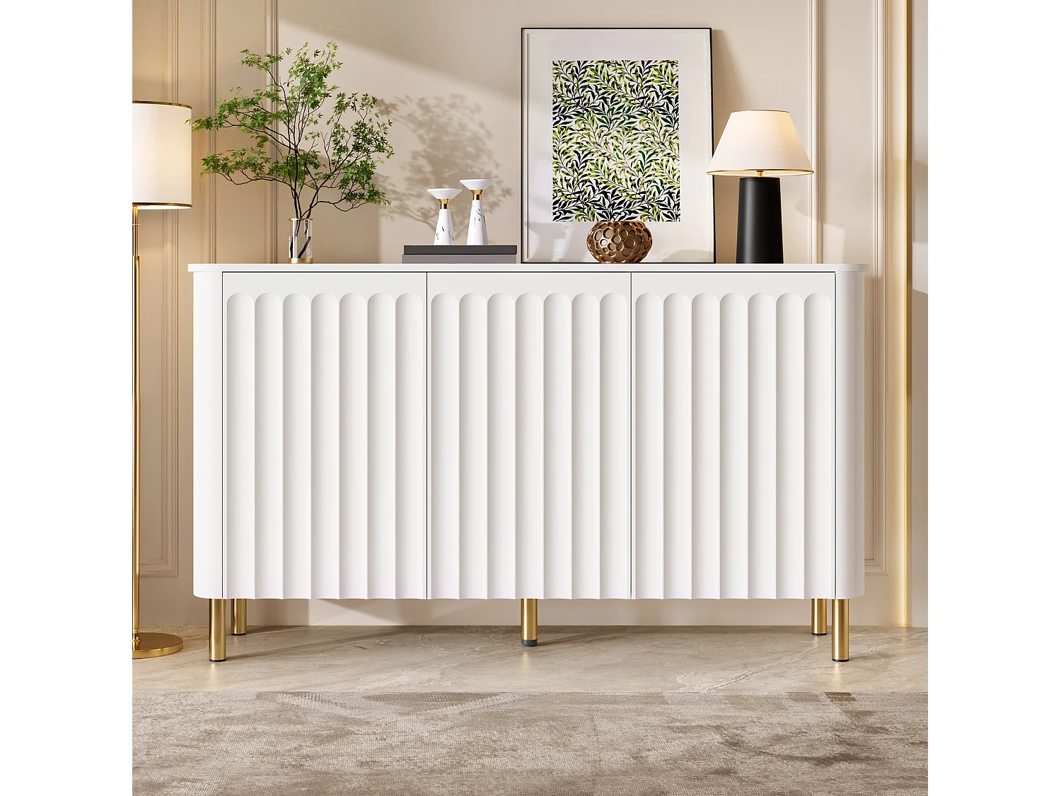 Buffet moderne 135 x 36 x 78 cm - 3 portes et pieds en métal - Relief colonnaire - Angles arrondis - Sans poignées - MDF - Blanc