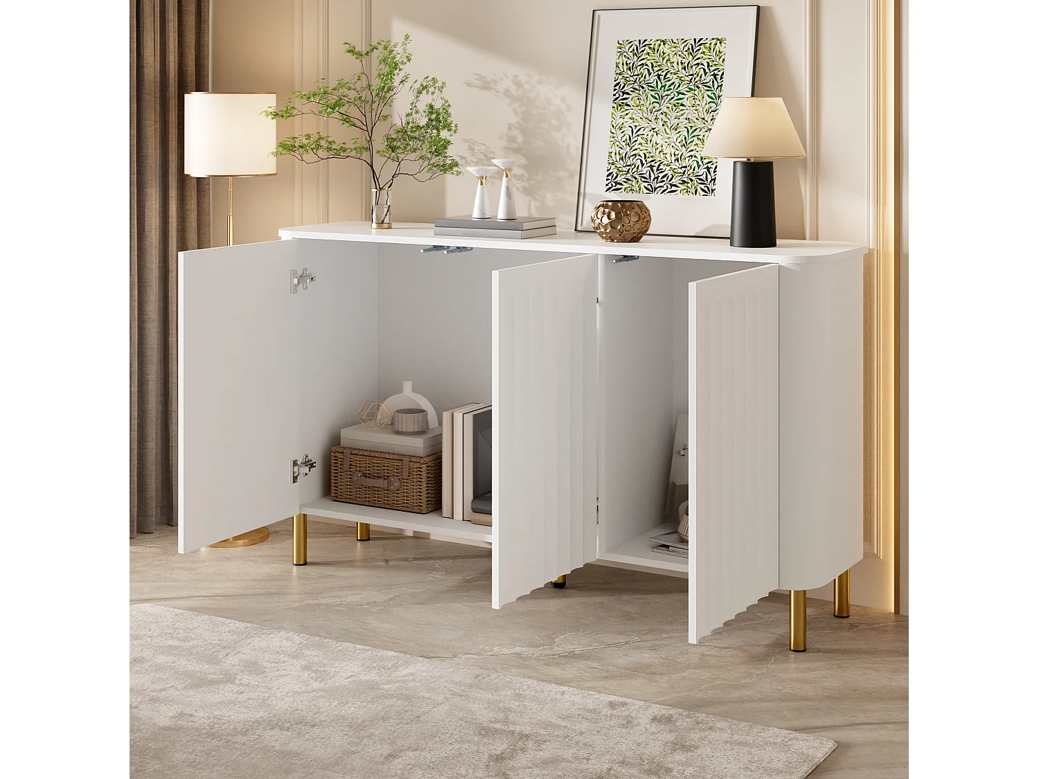 Buffet moderne 135 x 36 x 78 cm - 3 portes et pieds en métal - Relief colonnaire - Angles arrondis - Sans poignées - MDF - Blanc