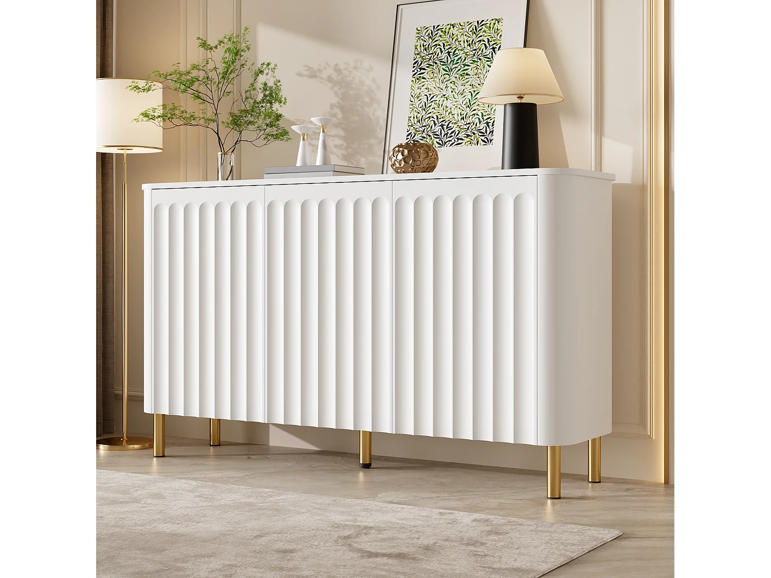 Buffet moderne 135 x 36 x 78 cm - 3 portes et pieds en métal - Relief colonnaire - Angles arrondis - Sans poignées - MDF - Blanc