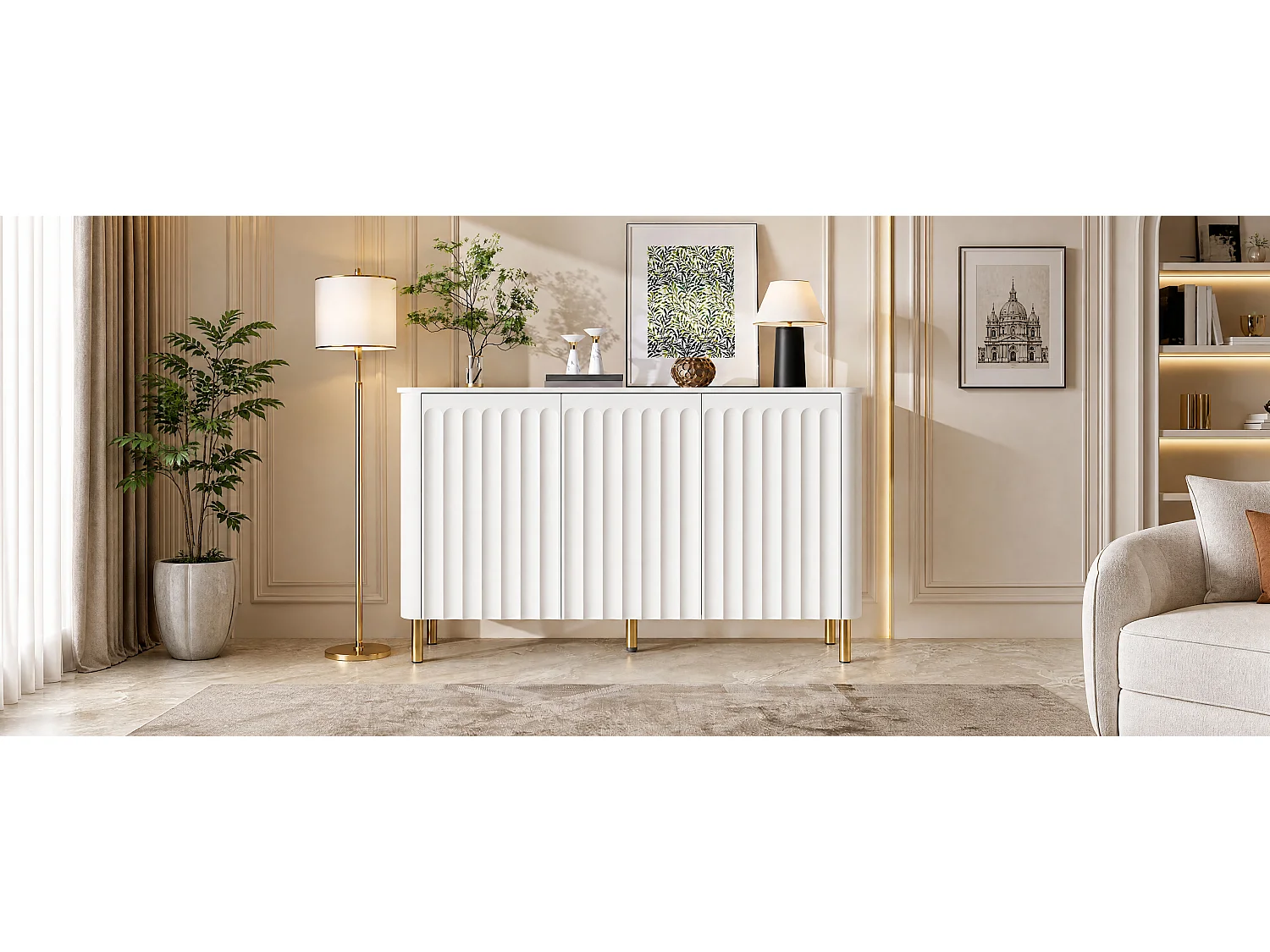 Buffet moderne 135 x 36 x 78 cm - 3 portes et pieds en métal - Relief colonnaire - Angles arrondis - Sans poignées - MDF - Blanc