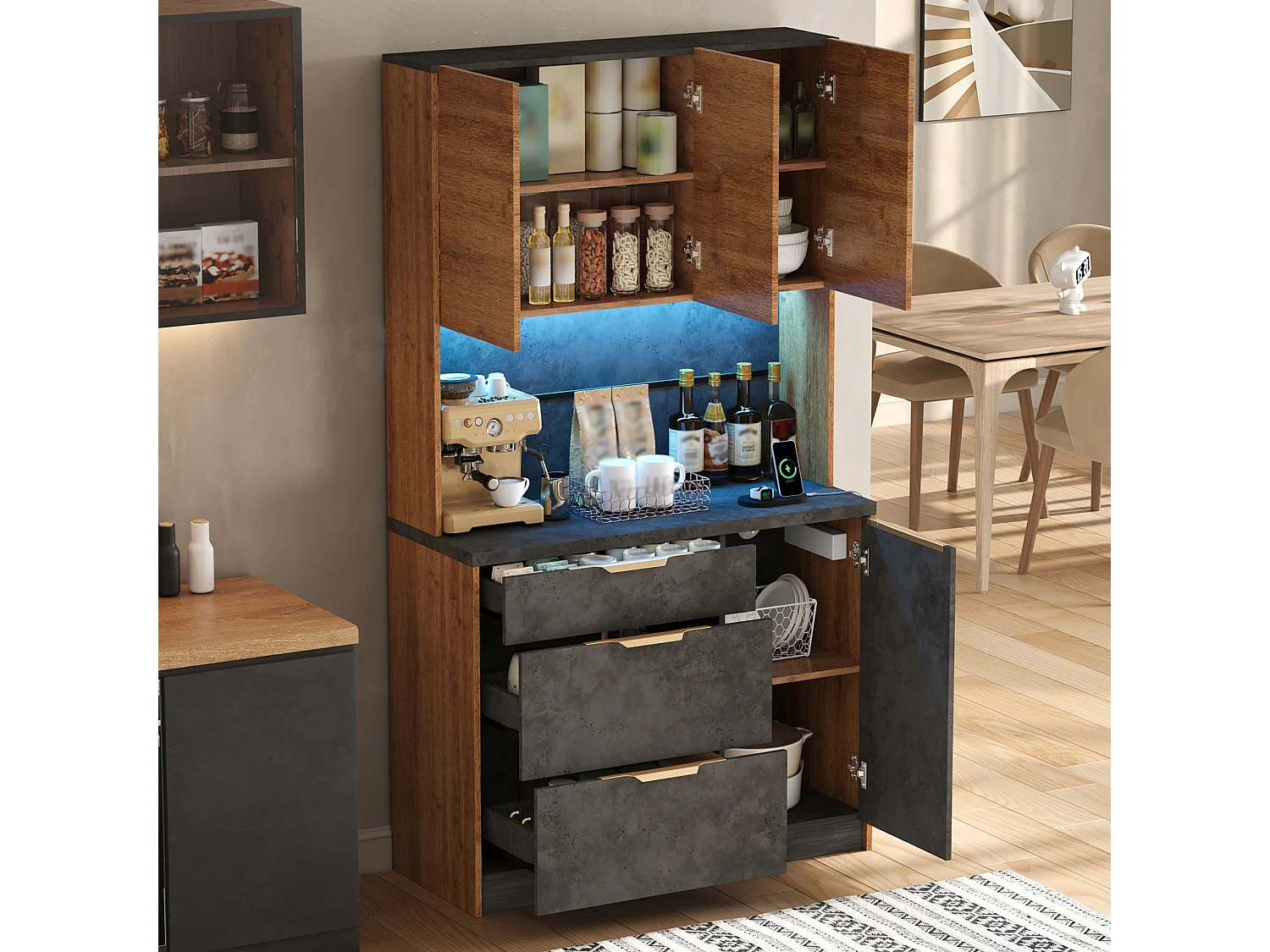 Buffet de cuisine 100x40x180cm - avec 4 portes et 3 tiroirs - avec éclairage LED - avec prise de courant - Naturel + Noir