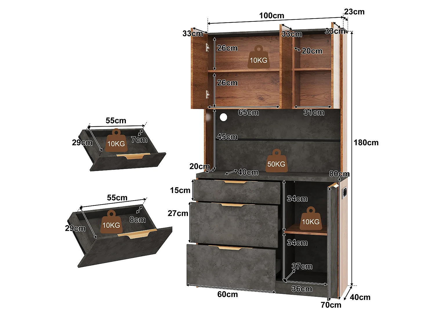 Buffet de cuisine 100x40x180cm - avec 4 portes et 3 tiroirs - avec éclairage LED - avec prise de courant - Naturel + Noir