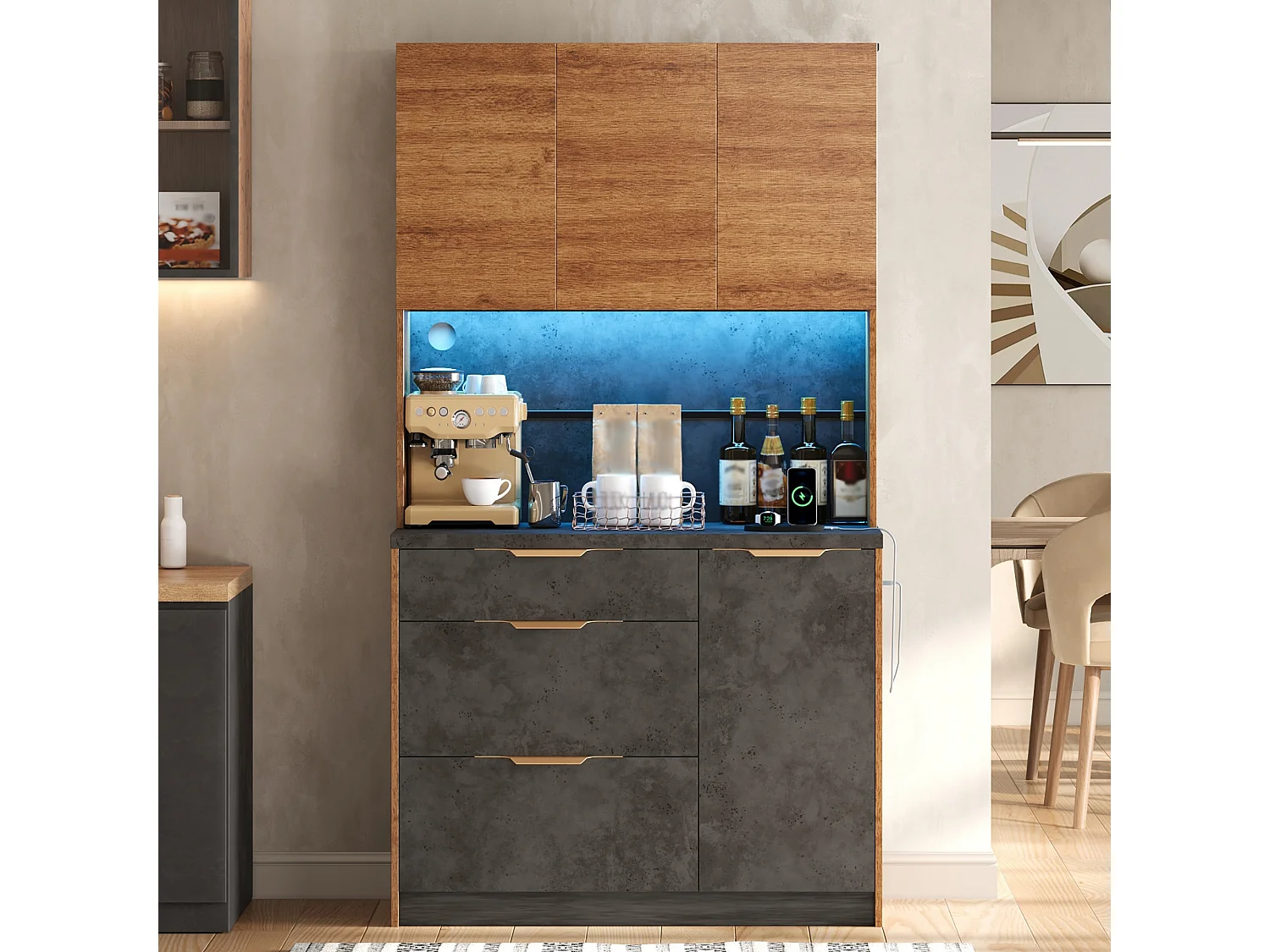 Buffet de cuisine 100x40x180cm - avec 4 portes et 3 tiroirs - avec éclairage LED - avec prise de courant - Naturel + Noir