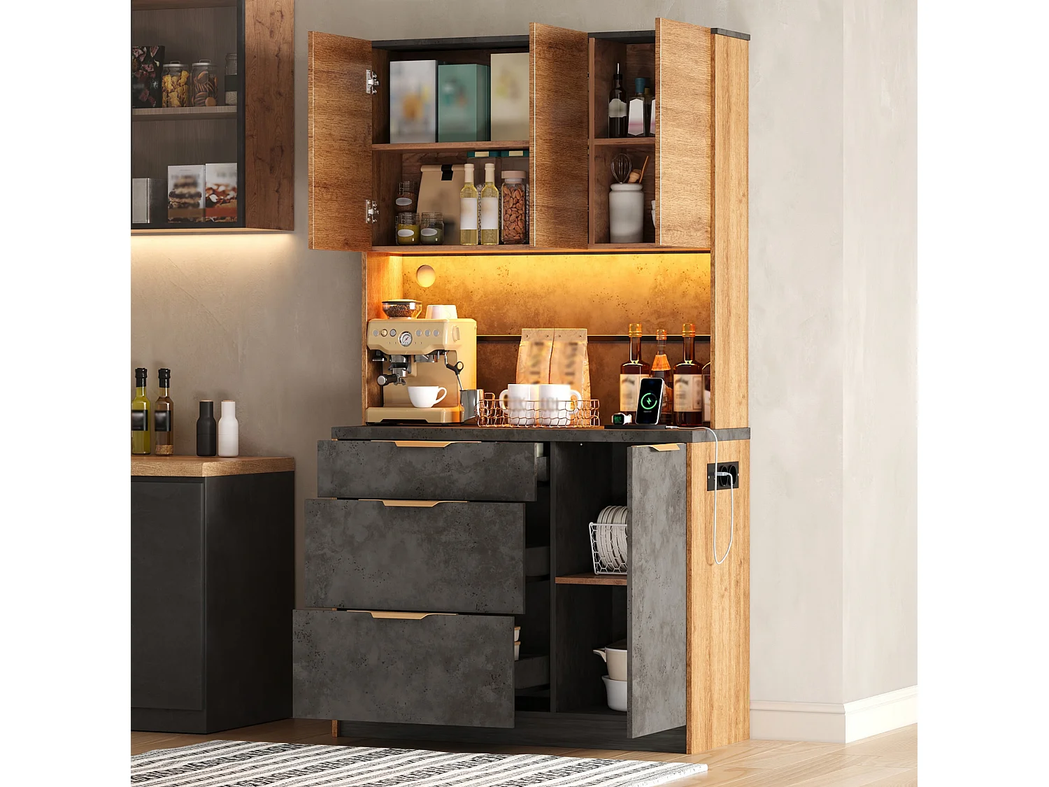 Buffet de cuisine 100x40x180cm - avec 4 portes et 3 tiroirs - avec éclairage LED - avec prise de courant - Naturel + Noir