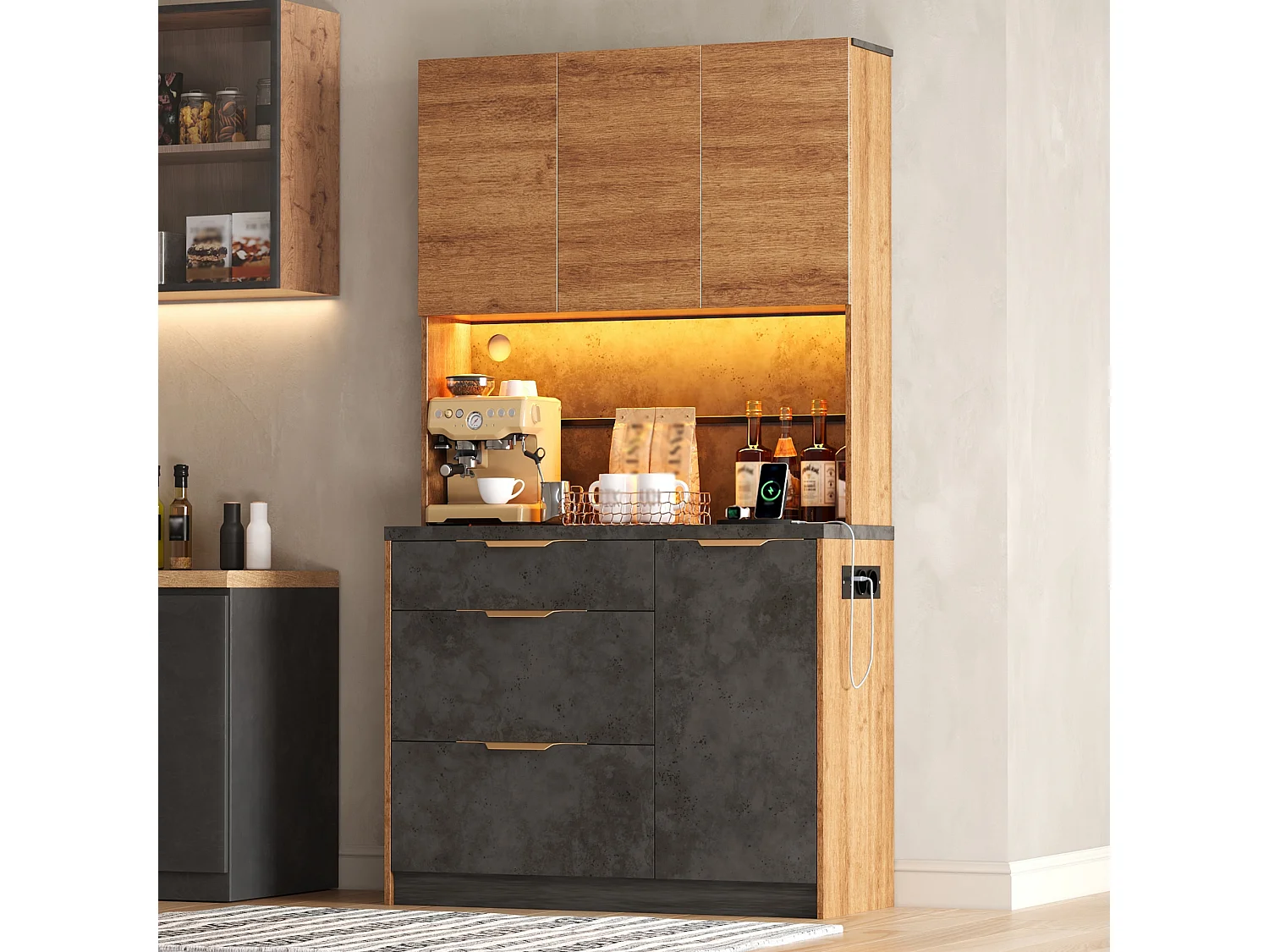 Buffet de cuisine 100x40x180cm - avec 4 portes et 3 tiroirs - avec éclairage LED - avec prise de courant - Naturel + Noir