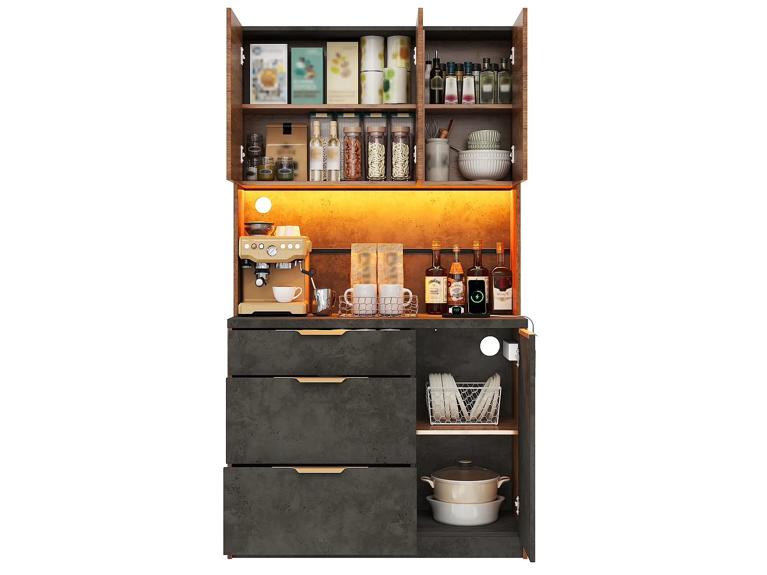Buffet de cuisine 100x40x180cm - avec 4 portes et 3 tiroirs - avec éclairage LED - avec prise de courant - Naturel + Noir