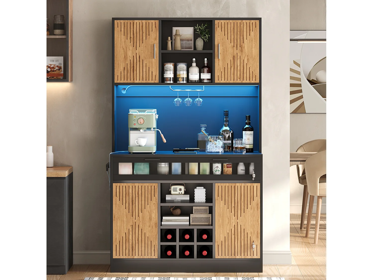 Buffet de cuisine 105x40x180cm - avec éclairage LED - avec prise de courant - porte abattante en verre et casier à vin amovible - Naturel + Noir