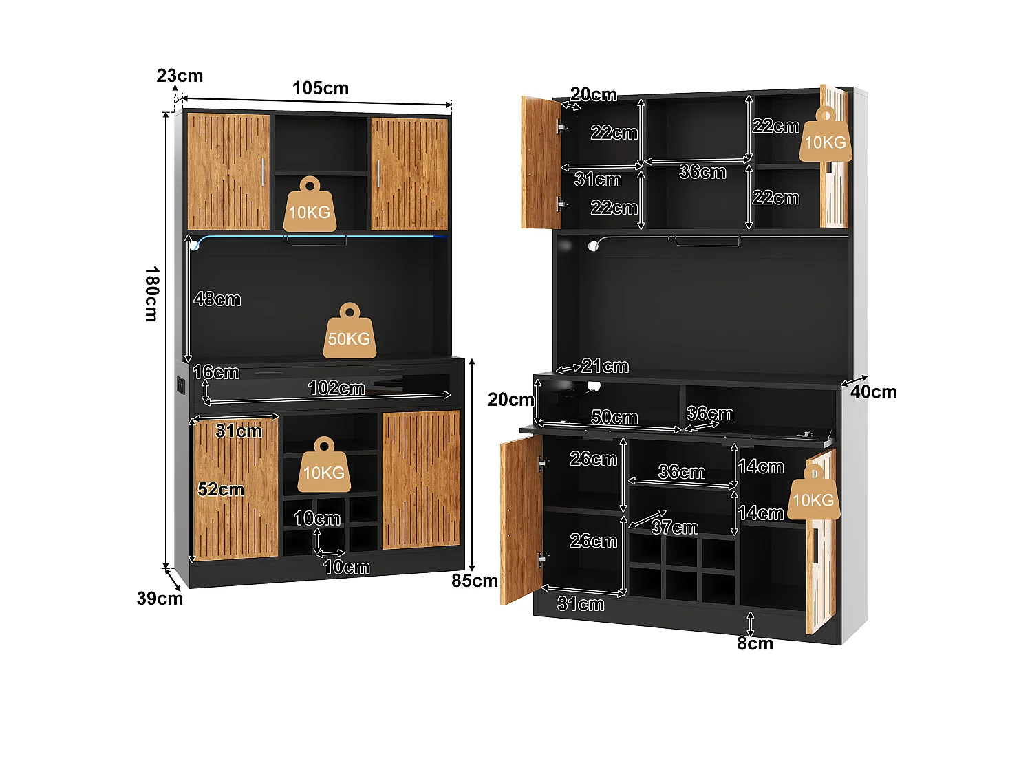 Buffet de cuisine 105x40x180cm - avec éclairage LED - avec prise de courant - porte abattante en verre et casier à vin amovible - Naturel + Noir