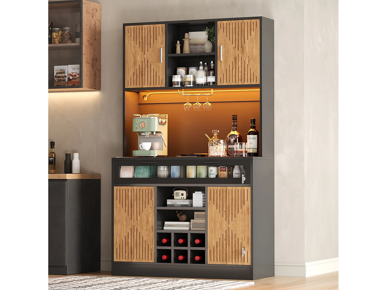 Buffet de cuisine 105x40x180cm - avec éclairage LED - avec prise de courant - porte abattante en verre et casier à vin amovible - Naturel + Noir