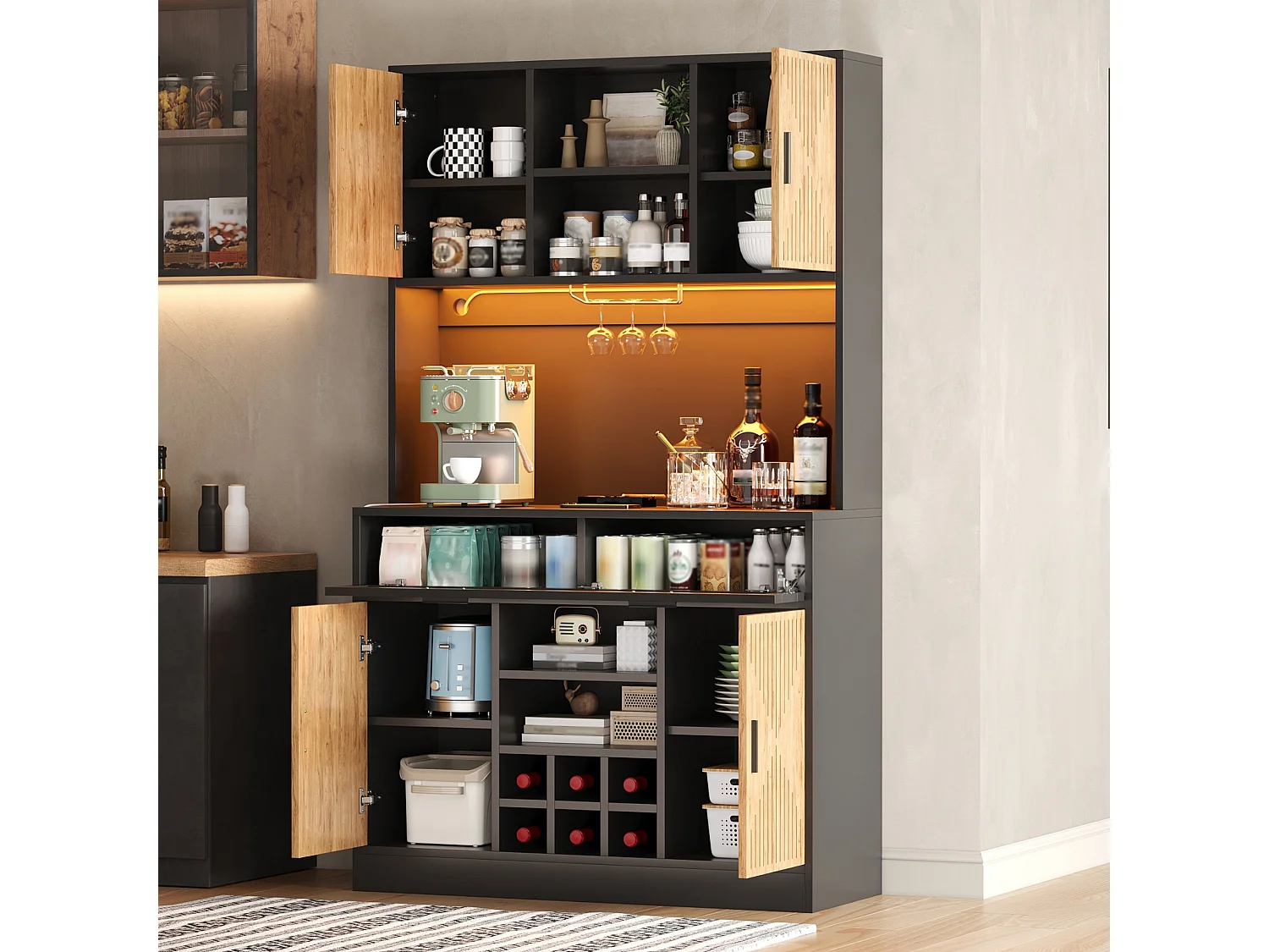 Buffet de cuisine 105x40x180cm - avec éclairage LED - avec prise de courant - porte abattante en verre et casier à vin amovible - Naturel + Noir