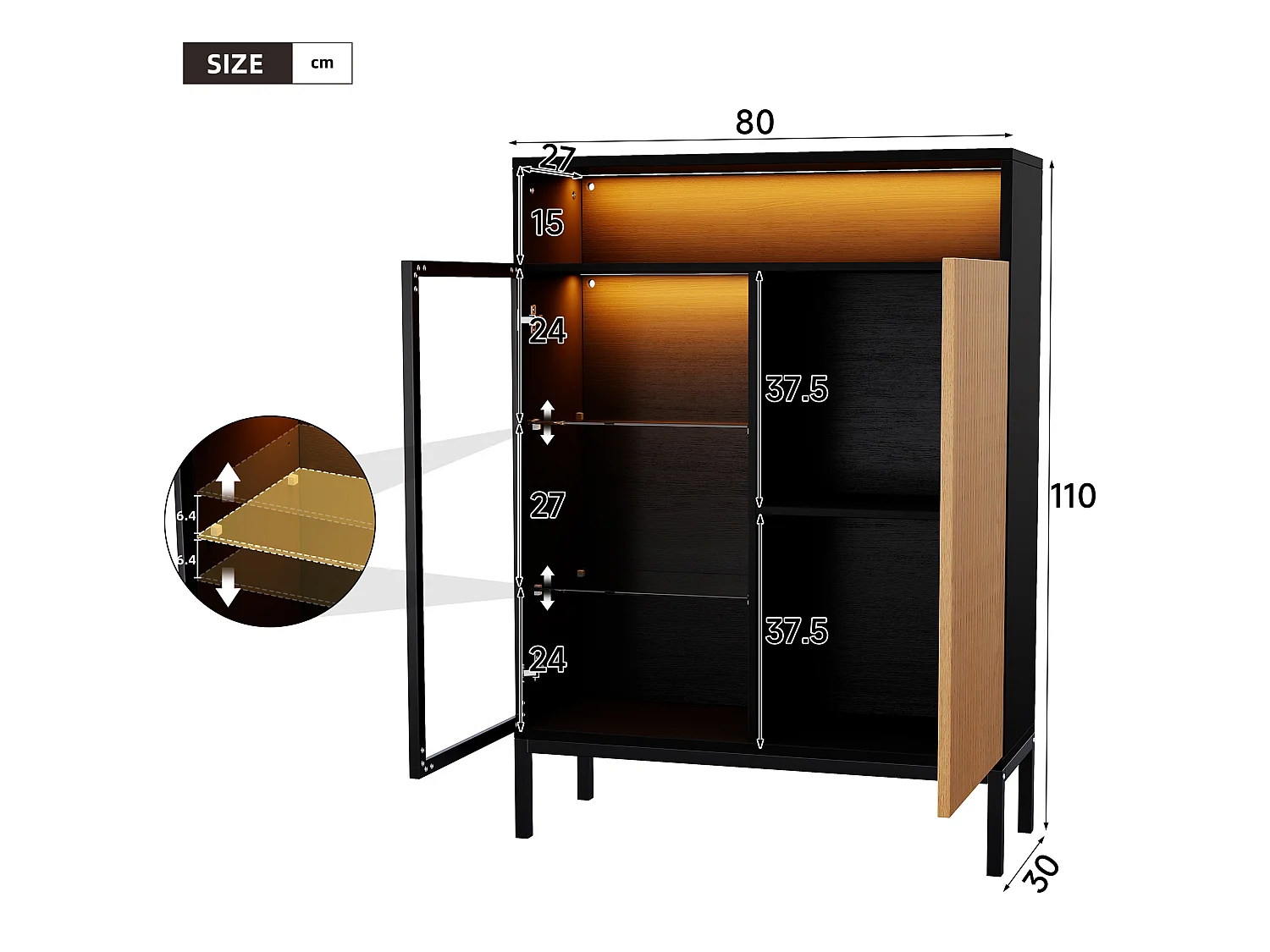 Vitrine 80 x 30 x 110 cm - Éclairage LED - Porte et étagères en verre trempé - Porte persienne imitation bois - Noir et naturel