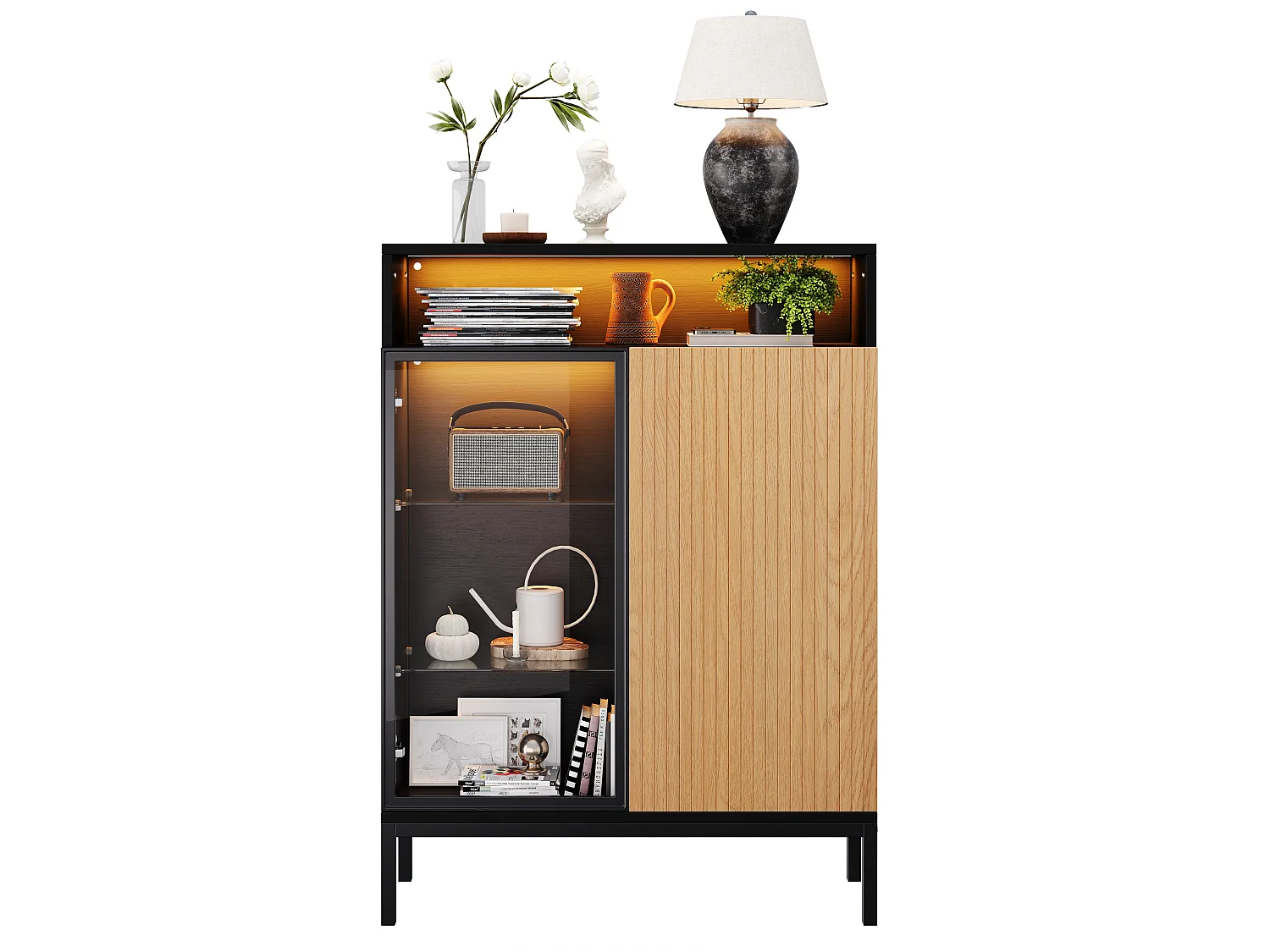 Vitrine 80 x 30 x 110 cm - Éclairage LED - Porte et étagères en verre trempé - Porte persienne imitation bois - Noir et naturel