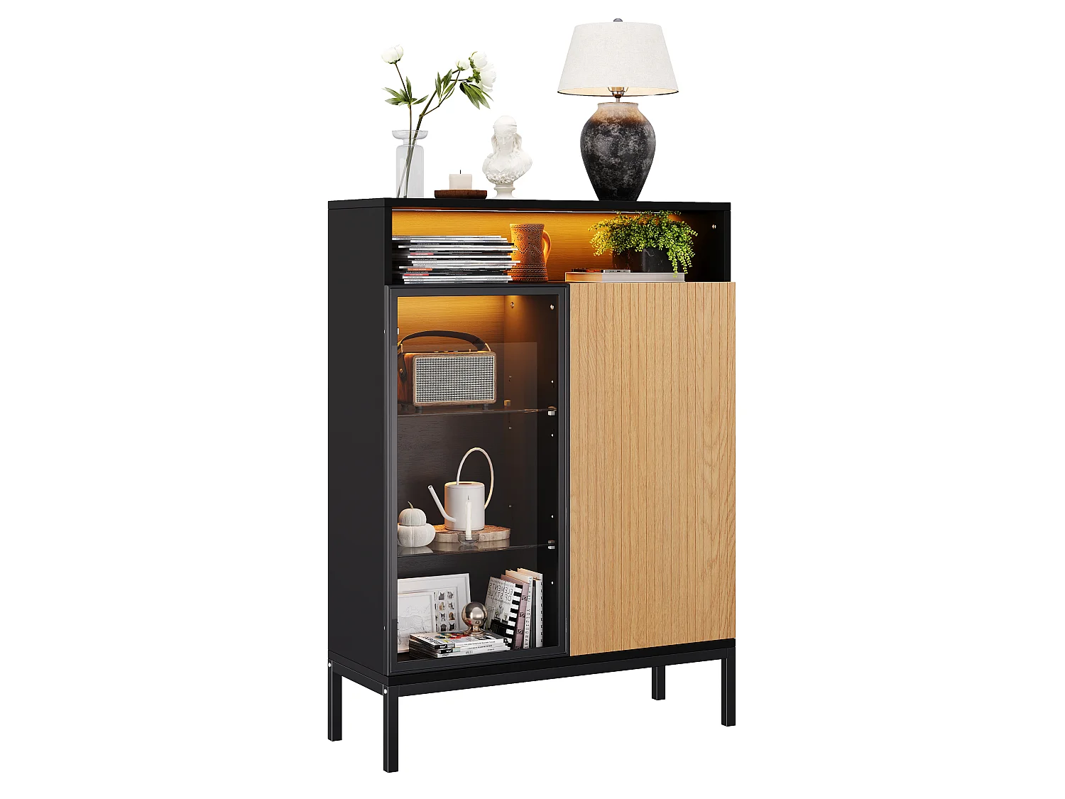 Vitrine 80 x 30 x 110 cm - Éclairage LED - Porte et étagères en verre trempé - Porte persienne imitation bois - Noir et naturel