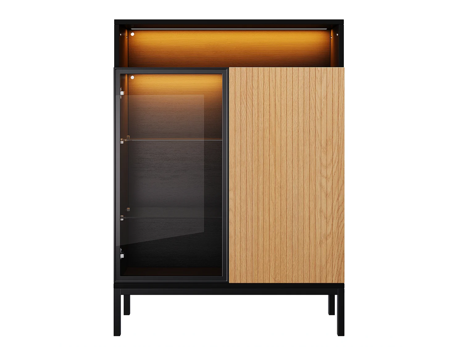 Vitrine 80 x 30 x 110 cm - Éclairage LED - Porte et étagères en verre trempé - Porte persienne imitation bois - Noir et naturel