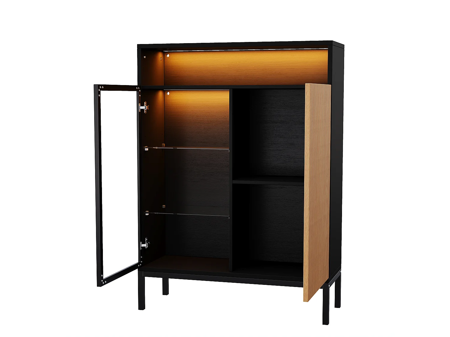 Vitrine 80 x 30 x 110 cm - Éclairage LED - Porte et étagères en verre trempé - Porte persienne imitation bois - Noir et naturel