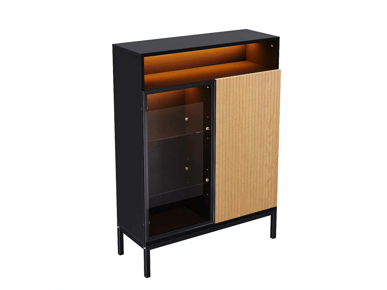 Vitrine 80 x 30 x 110 cm - Éclairage LED - Porte et étagères en verre trempé - Porte persienne imitation bois - Noir et naturel