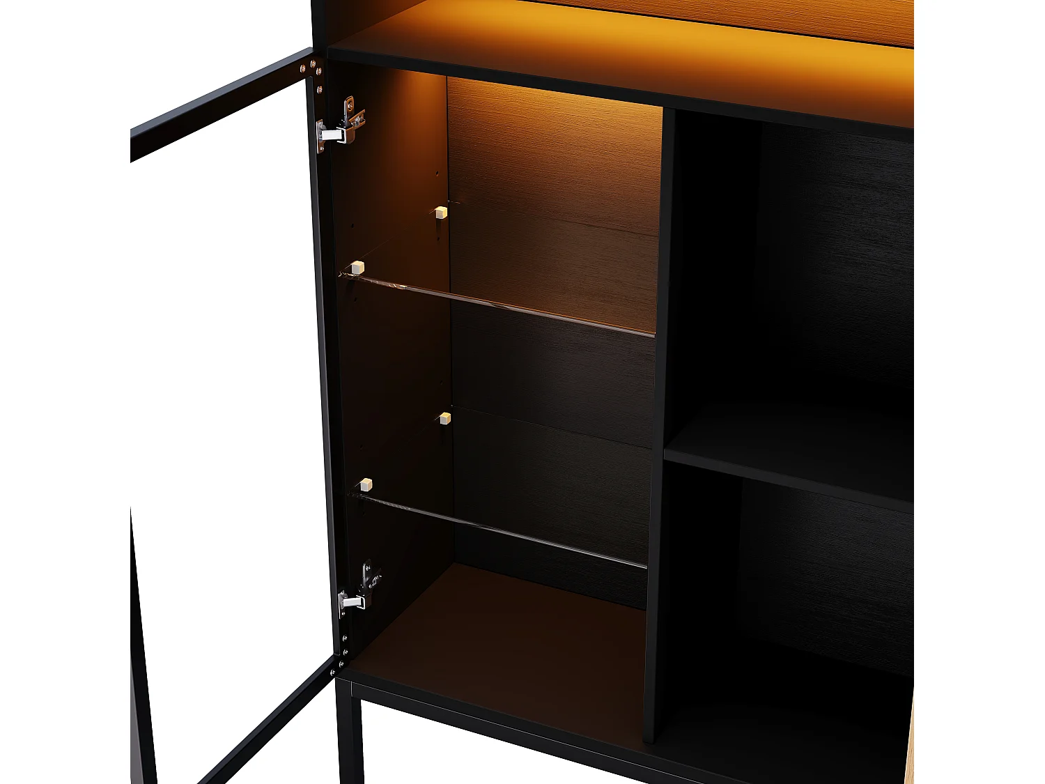 Vitrine 80 x 30 x 110 cm - Éclairage LED - Porte et étagères en verre trempé - Porte persienne imitation bois - Noir et naturel