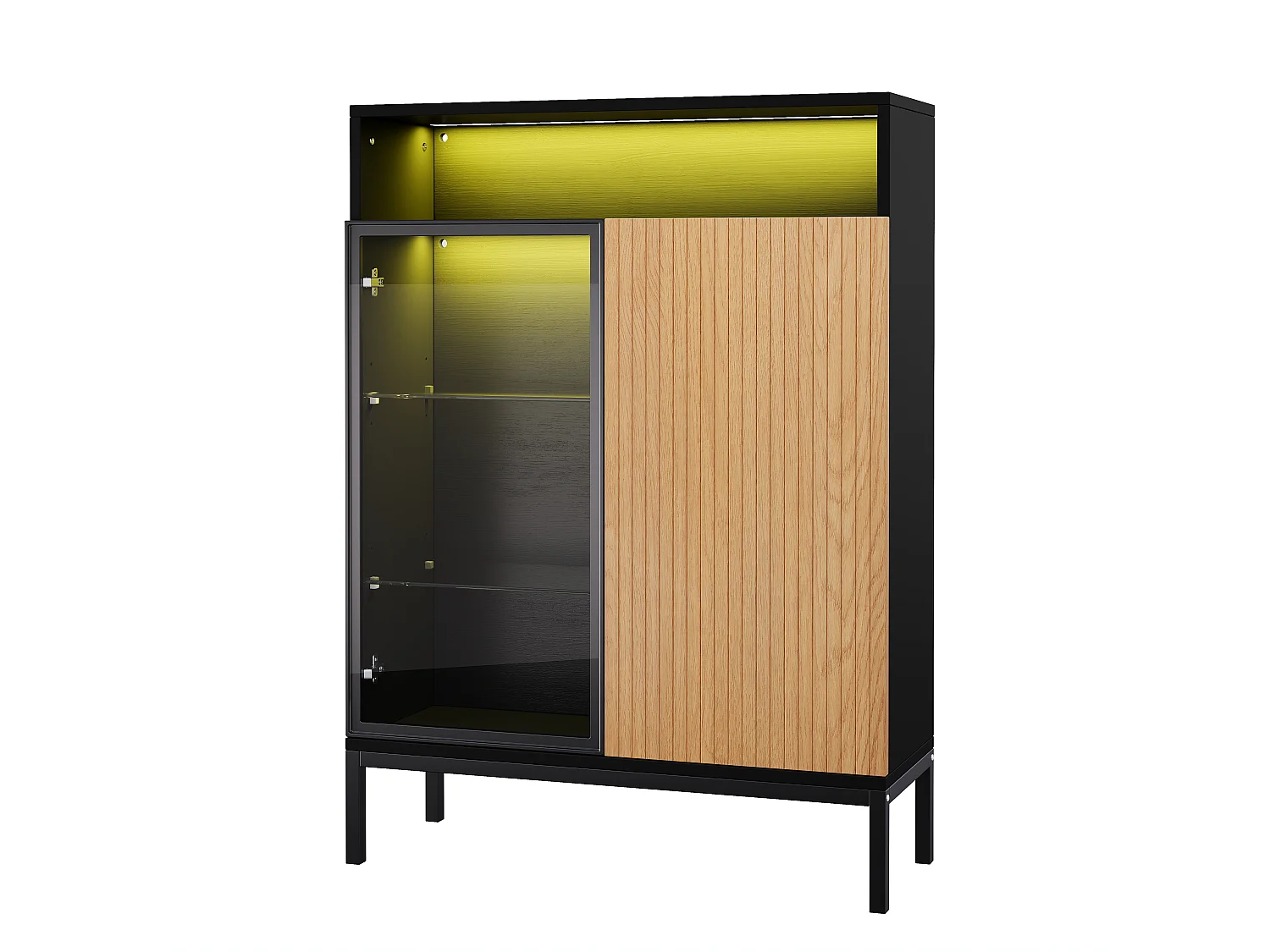 Vitrine 80 x 30 x 110 cm - Éclairage LED - Porte et étagères en verre trempé - Porte persienne imitation bois - Noir et naturel